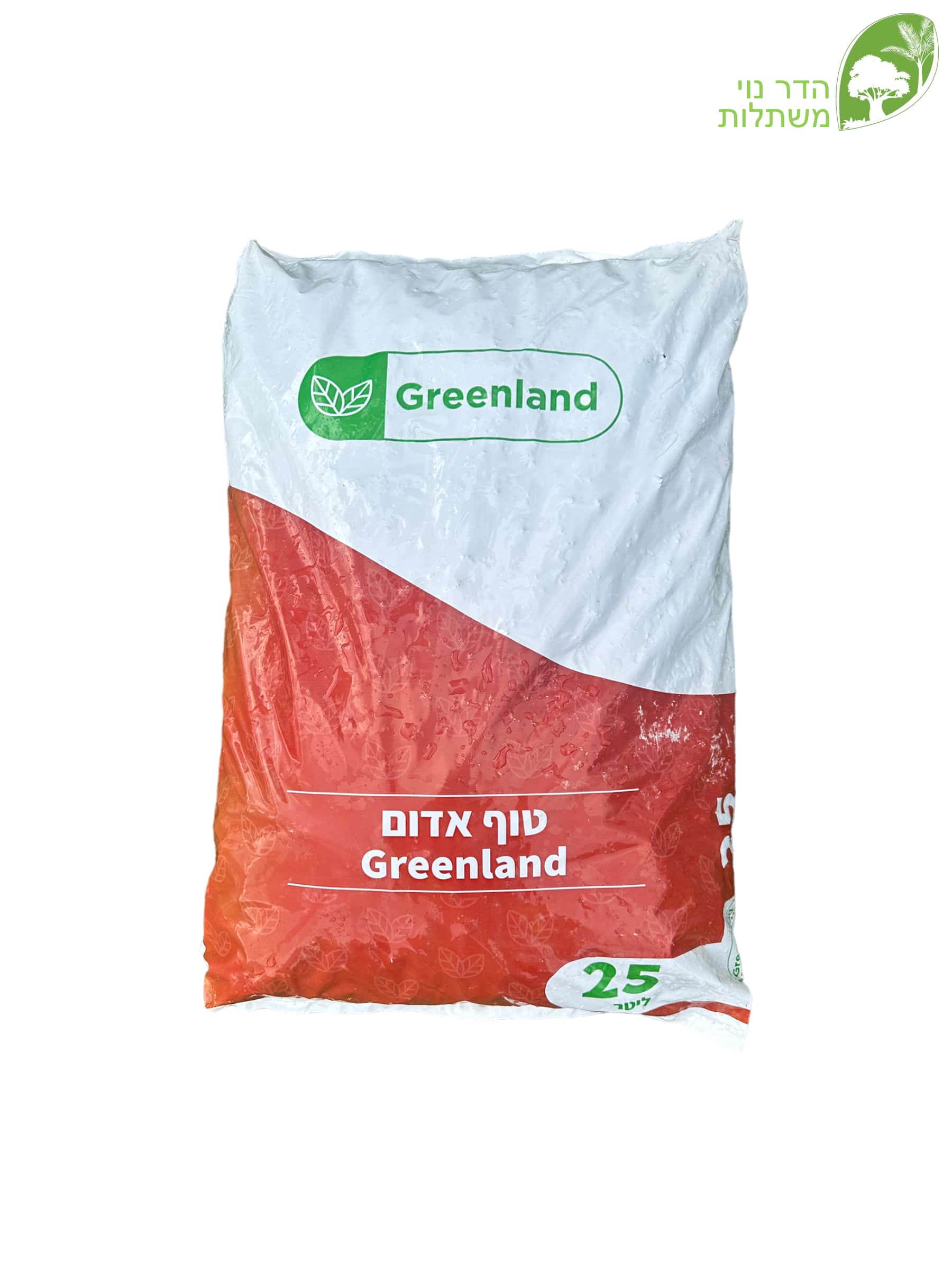 שק טוף אדום Greenland בנפח 25 ליטר, אריזה אדומה-לבנה, גודל גרגר 4-20 מ"מ לניקוז ולחיפוי — הדר נוי משתלות