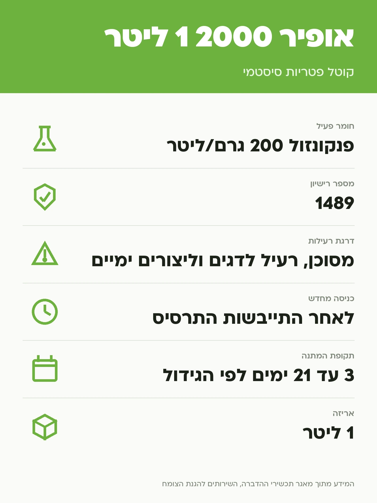 אופיר 2000 1 ליטר: קוטל פטריות סיסטמי, נתוני התווית הרשמית