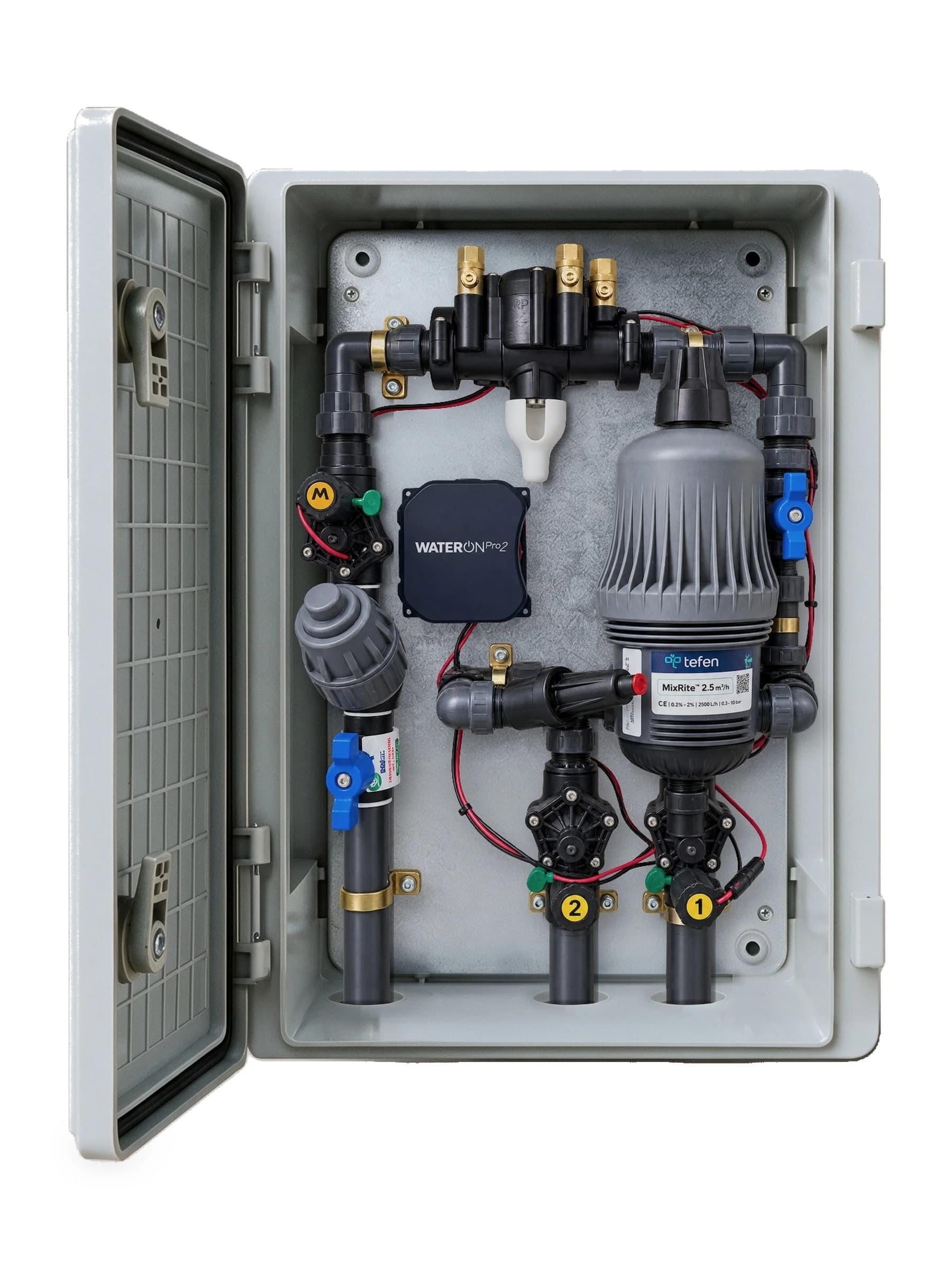 ארון השקיה 2 קווים עם מדשנת MixRite 2.5 ומגוף ראשי, בקר WaterOn Pro על סוללות, מז״ח ומסנן, בארון פוליאסטר 60 על 40 ס״מ
