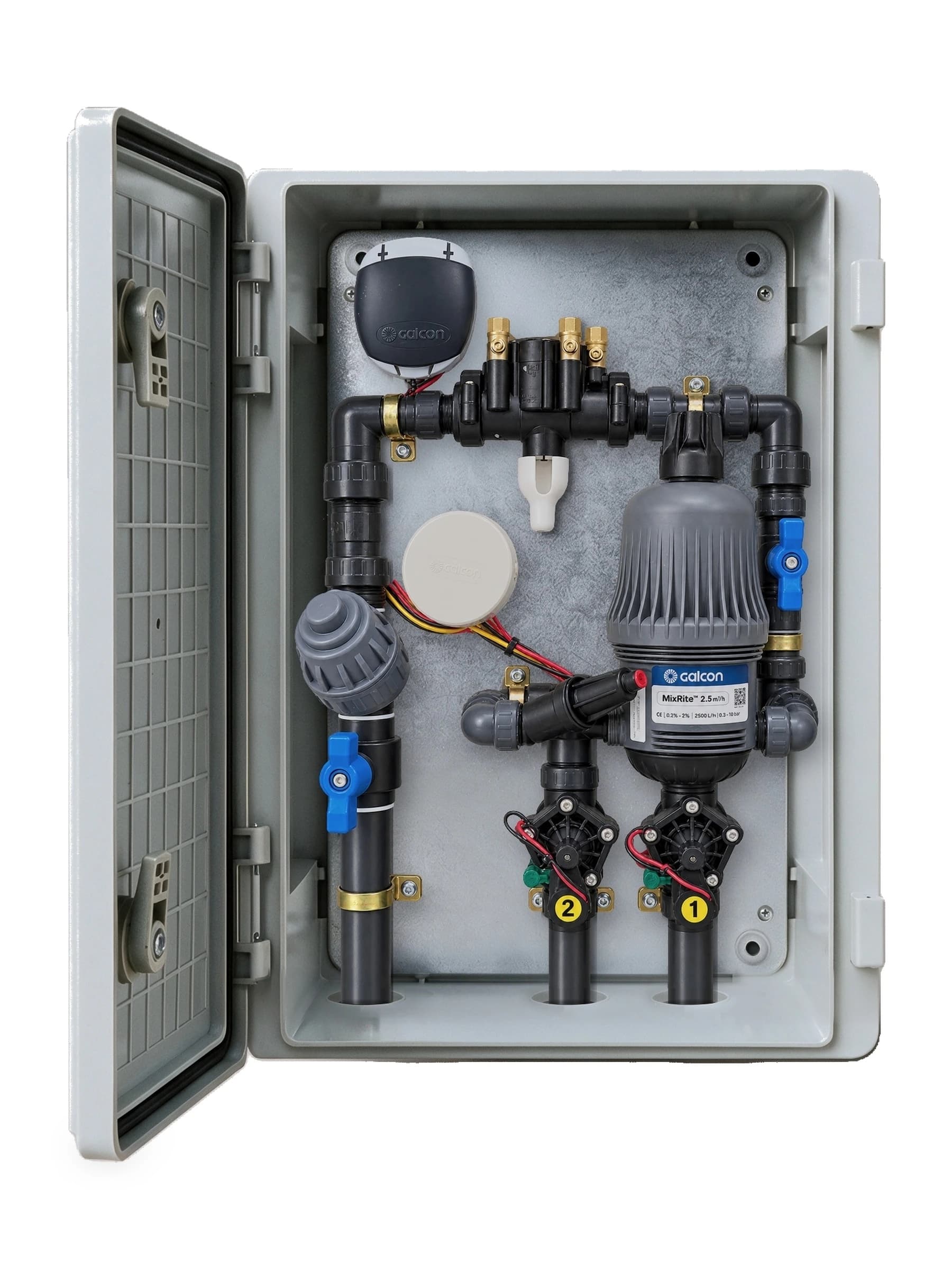 ארון השקיה 2 קווים עם מדשנת הידראולית MixRite 2.5, בקר גלקון בבלוטות׳, מז״ח ומסנן דיסקיות, בארון פוליאסטר 60 על 40 ס״מ
