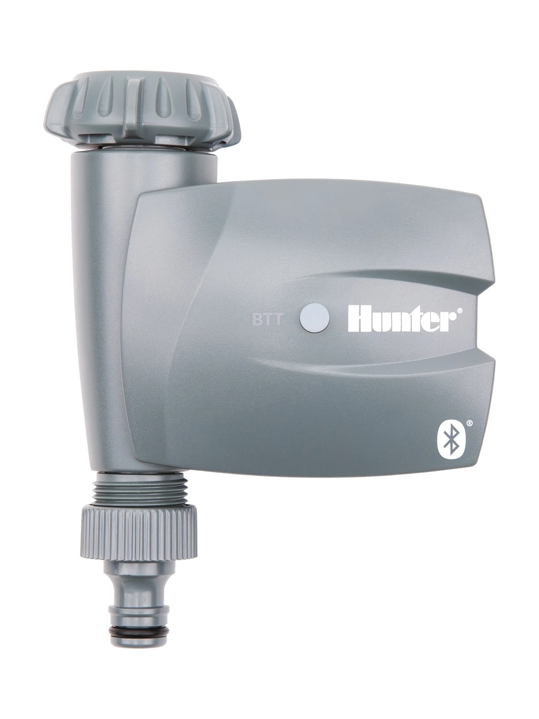 בקר השקיה Hunter BTT-101 בגוף אפור עם יציאה אחת, מתברג ישירות על ברז הגינה ומופעל בבלוטות - משתלות הדר נוי