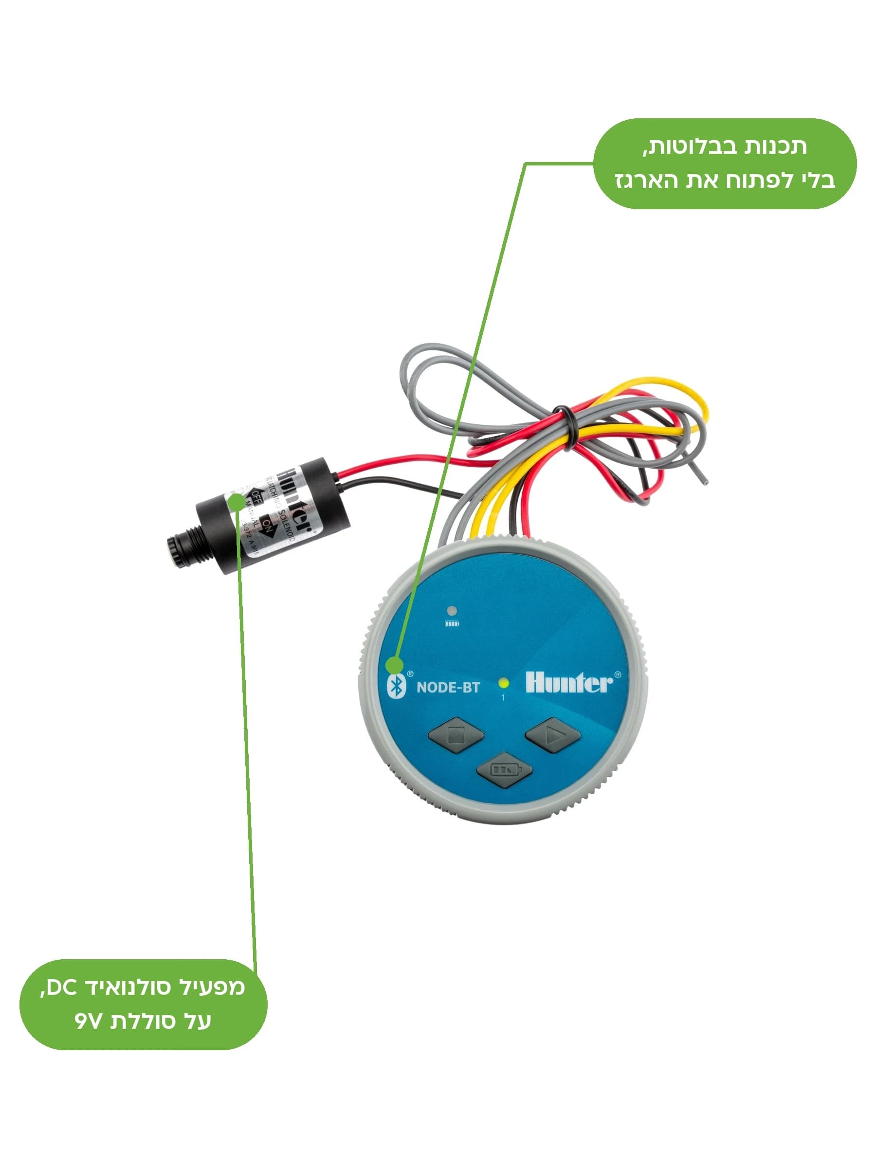 בקר השקיה Hunter NODE-BT בגוף כחול עגול עם מסך וכפתורים, ולידו סולנואיד DC מחובר בחוטים - משתלות הדר נוי