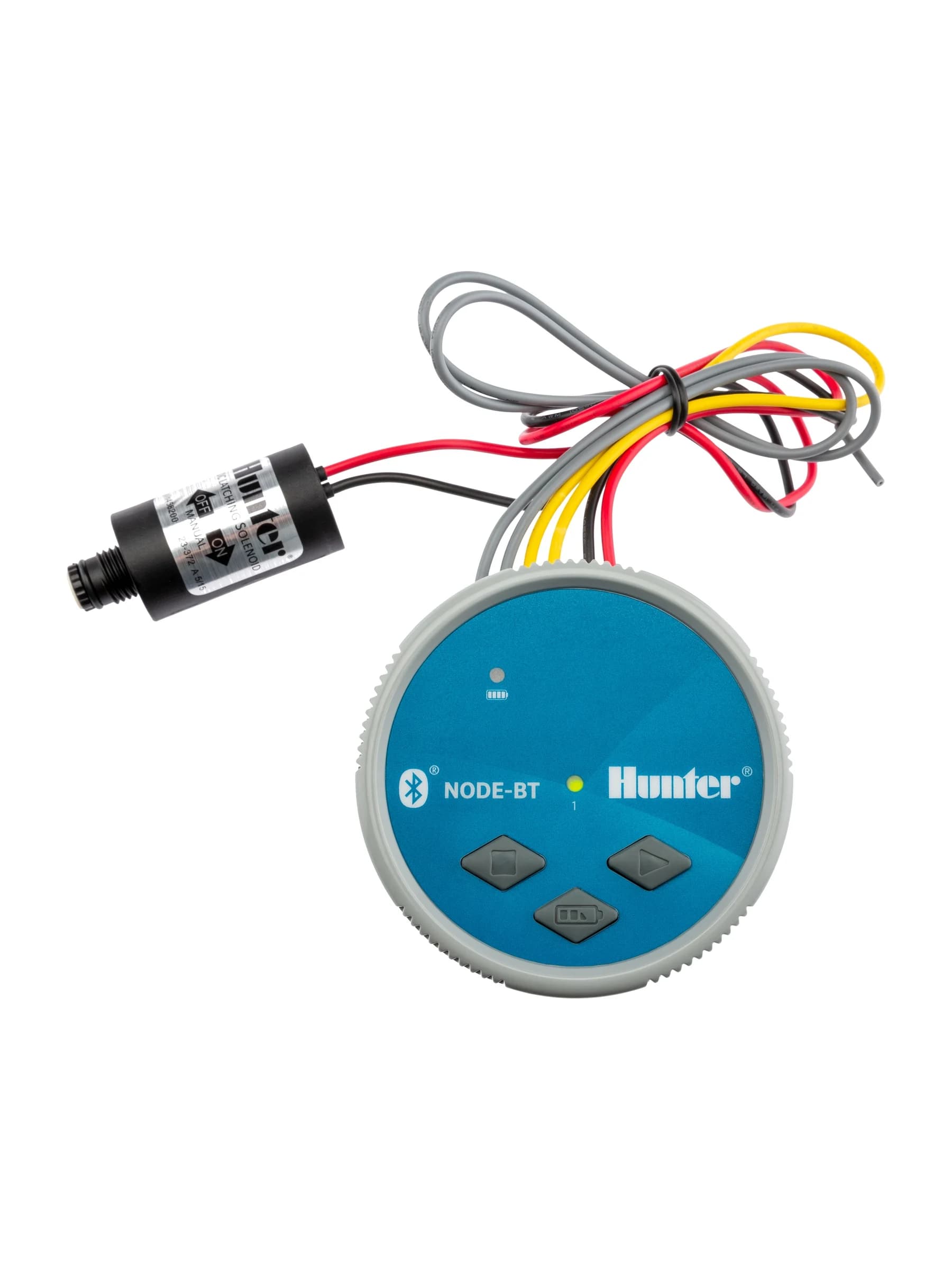בקר השקיה Hunter NODE-BT בגוף כחול עגול עם מסך וכפתורים, ולידו סולנואיד DC מחובר בחוטים - משתלות הדר נוי