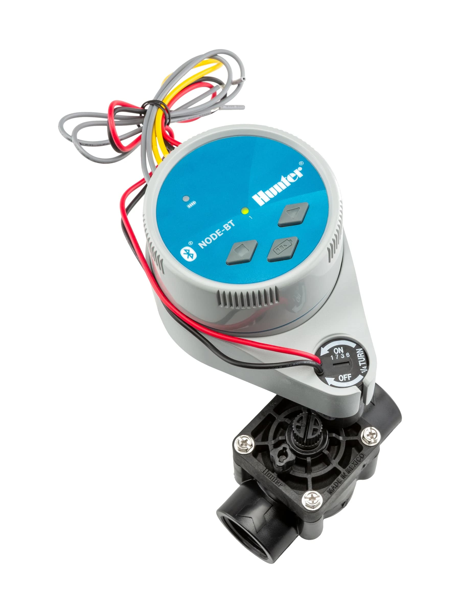 בקר Hunter NODE-BT מורכב ישירות על ראש ברז חשמלי PGV, כשהחוטים מחוברים לסולנואיד - משתלות הדר נוי