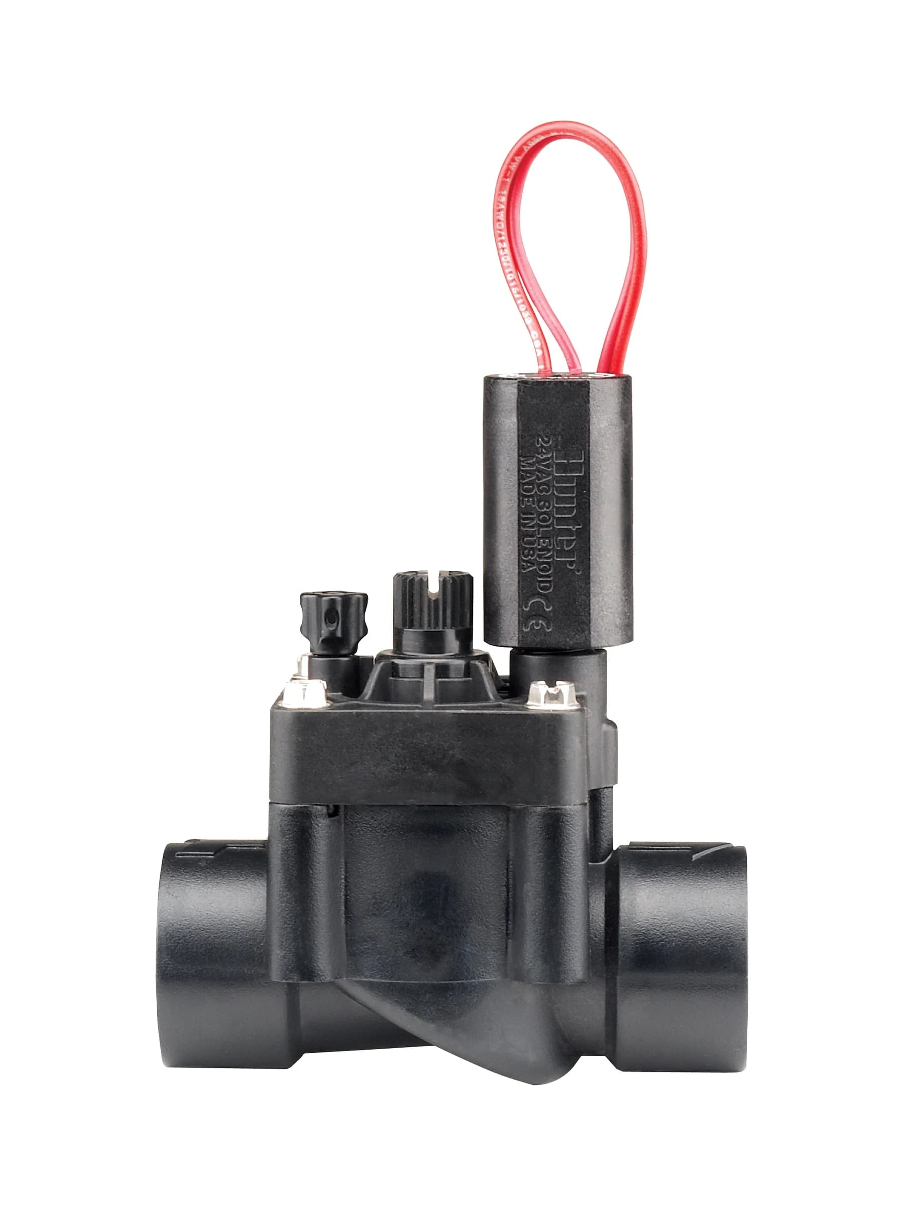ברז חשמלי Hunter PGV-101G בגוף שחור 1 צול עם סולנואיד וברגי ויסות ספיקה, על רקע לבן - משתלות הדר נוי