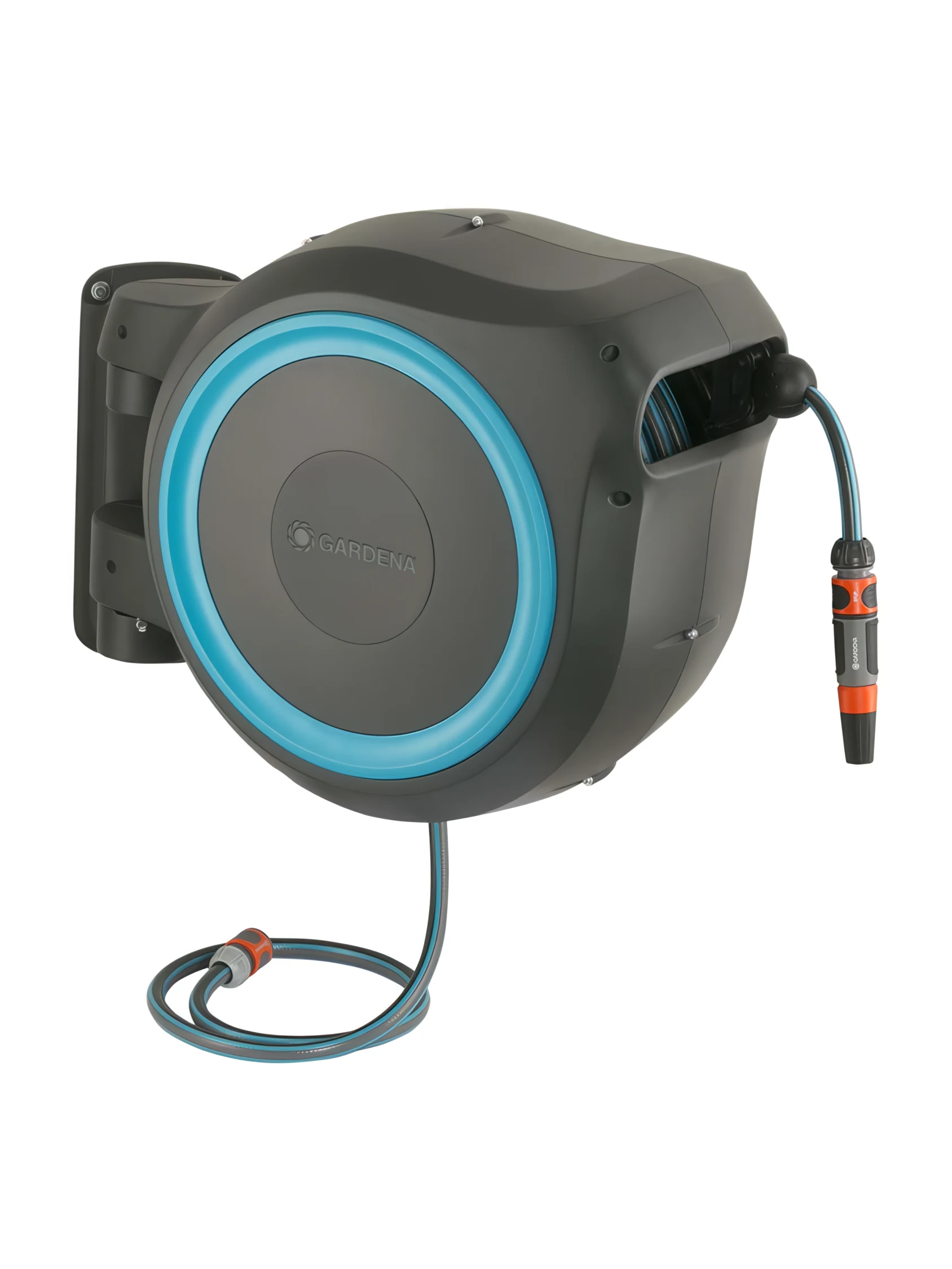 גלגלת צינור אוטומטית GARDENA עם טבעת טורקיז וזרוע קיר מסתובבת, צינור 25 מטר, על רקע לבן - משתלות הדר נוי