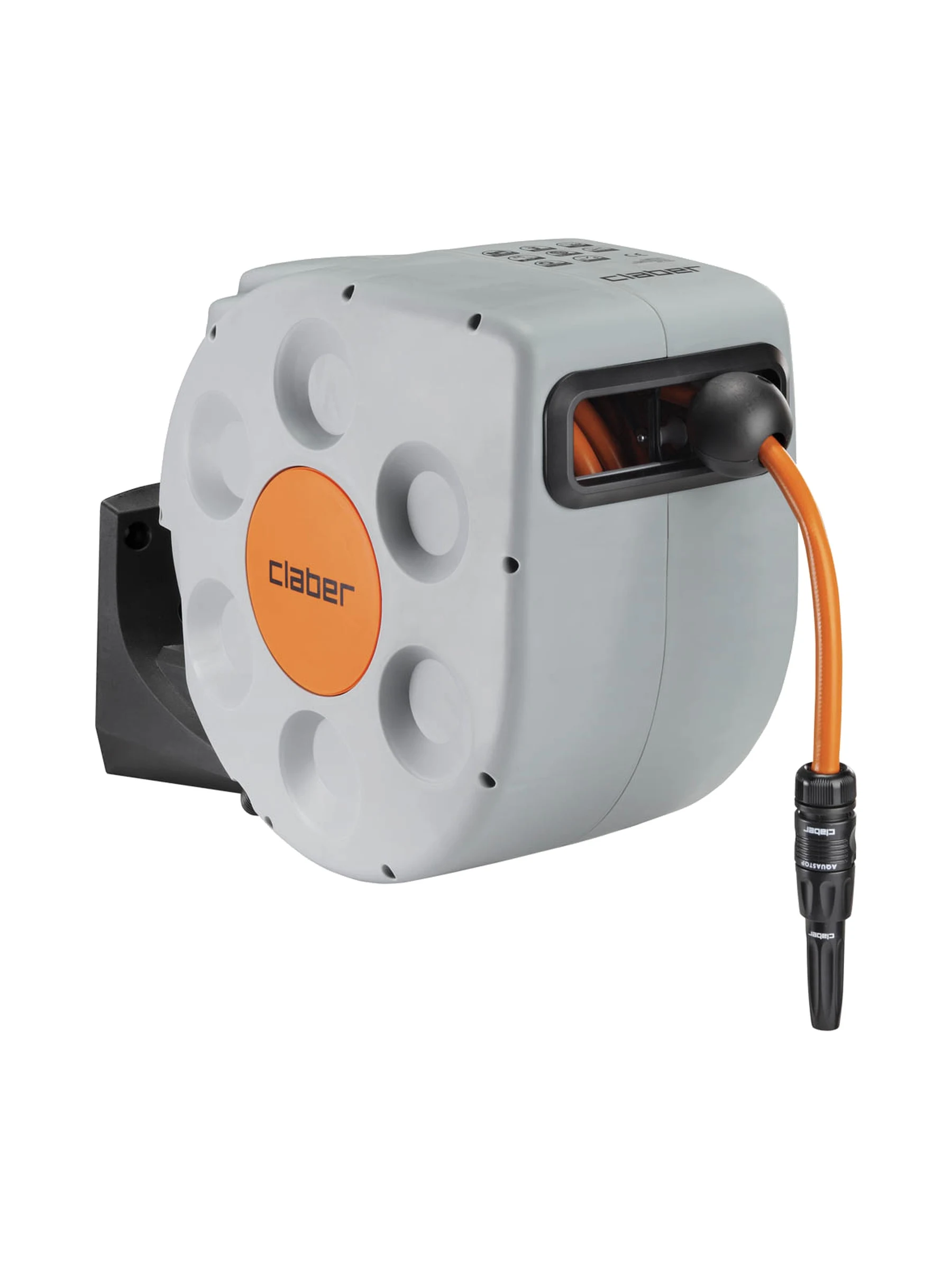 גלגלת צינור אוטומטית Claber Rotoroll Evolution 8696 בגוף אפור וכתום עם 20 מטר צינור ומחבר מהיר, על רקע לבן - משתלות הדר נוי