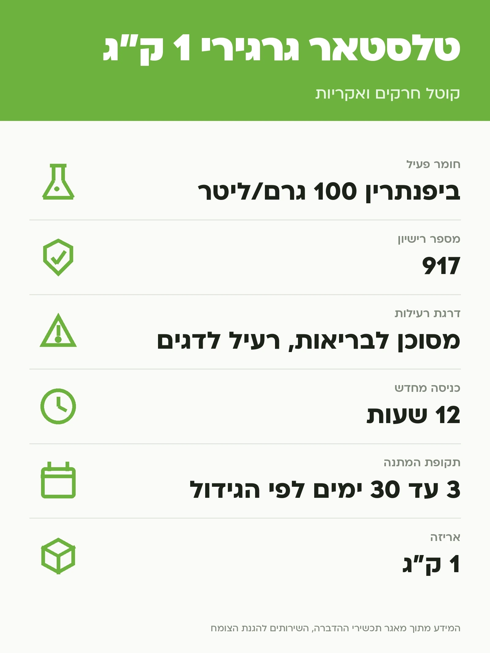 טלסטאר גרגירי 1 ק״ג: קוטל חרקים ואקריות, נתוני התווית הרשמית