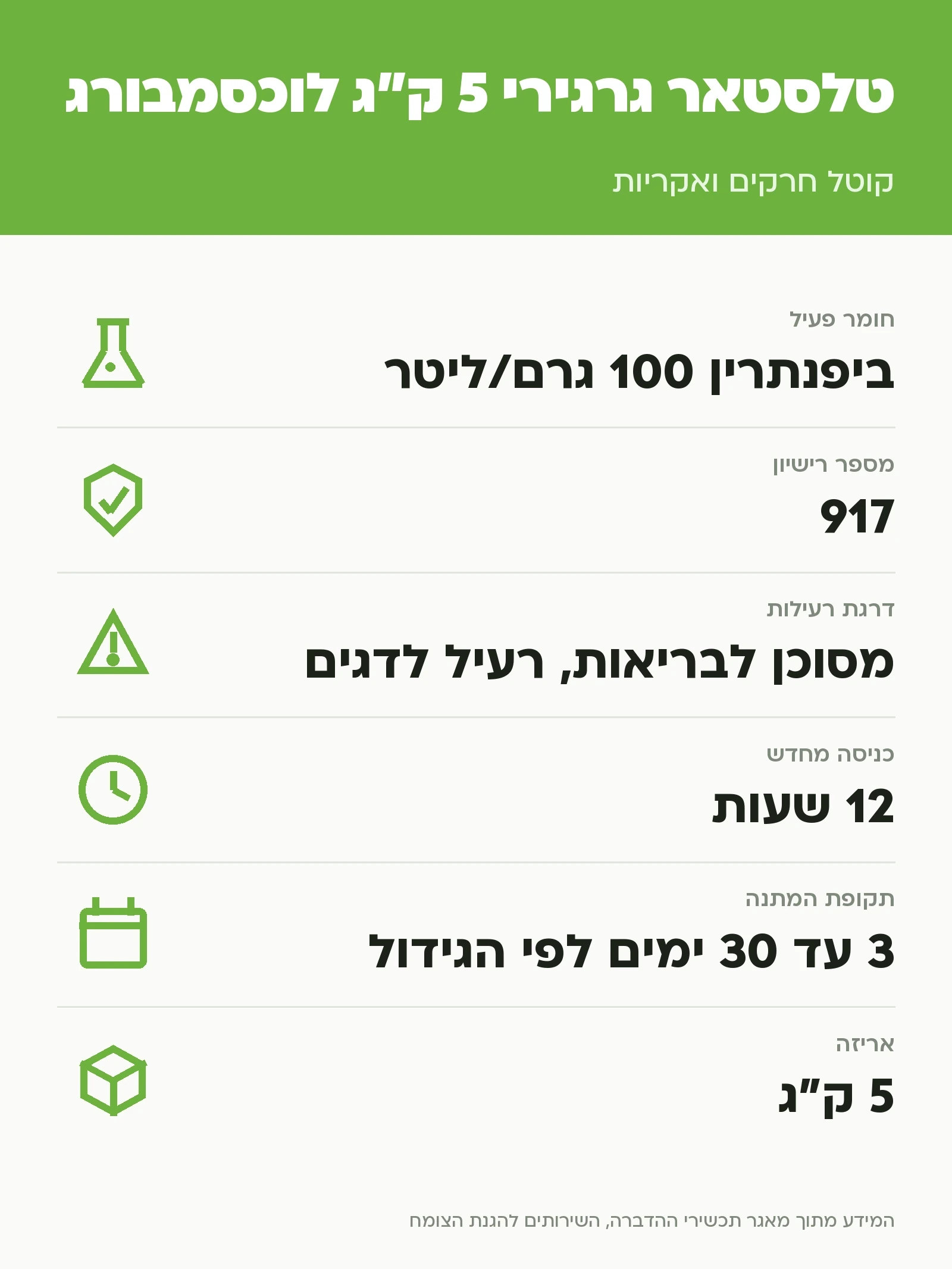 טלסטאר גרגירי 5 ק״ג לוכסמבורג: קוטל חרקים ואקריות, נתוני התווית הרשמית