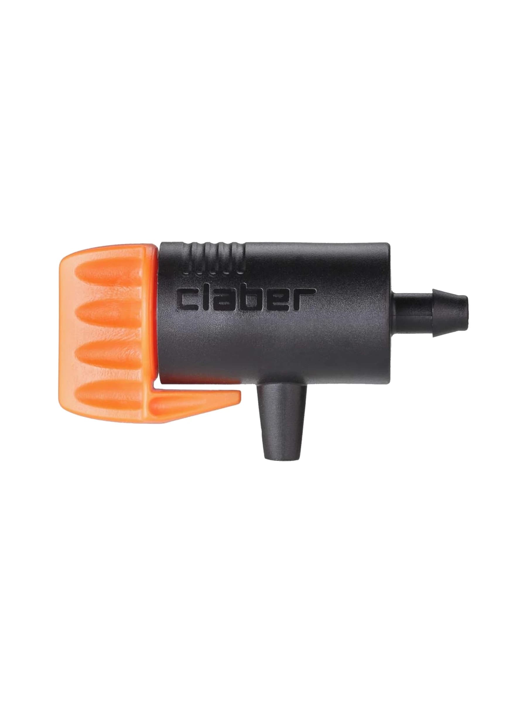 טפטפת קצה מווסתת Claber 91209 בכתום ושחור עם כפתור ויסות ספיקה, לצינורית 4/7, על רקע לבן - משתלות הדר נוי