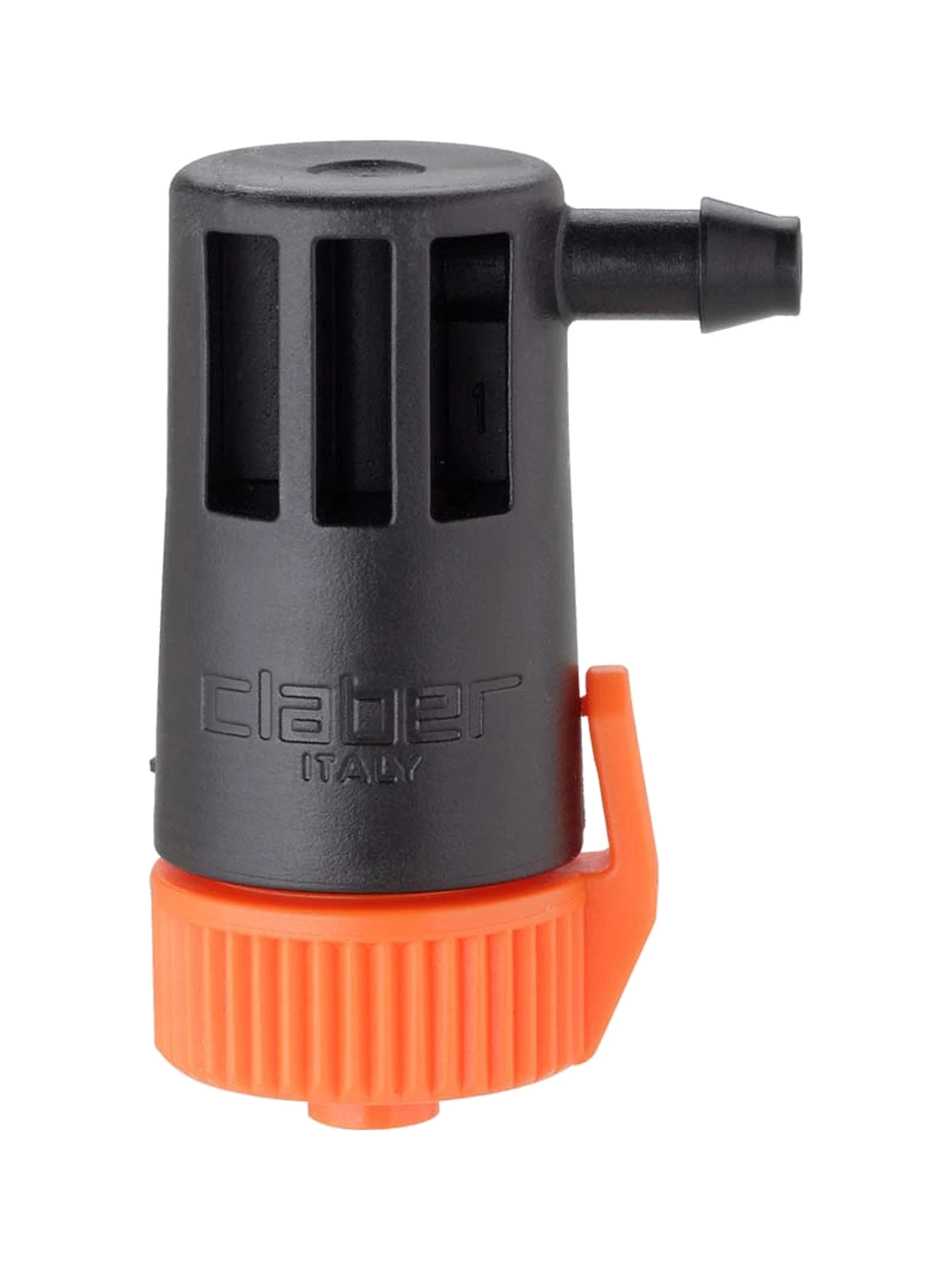 טפטפת קצה מווסתת Claber 91214 Plus בשחור וכתום עם טבעת ויסות רחבה, ספיקה עד 10 ליטר לשעה - משתלות הדר נוי