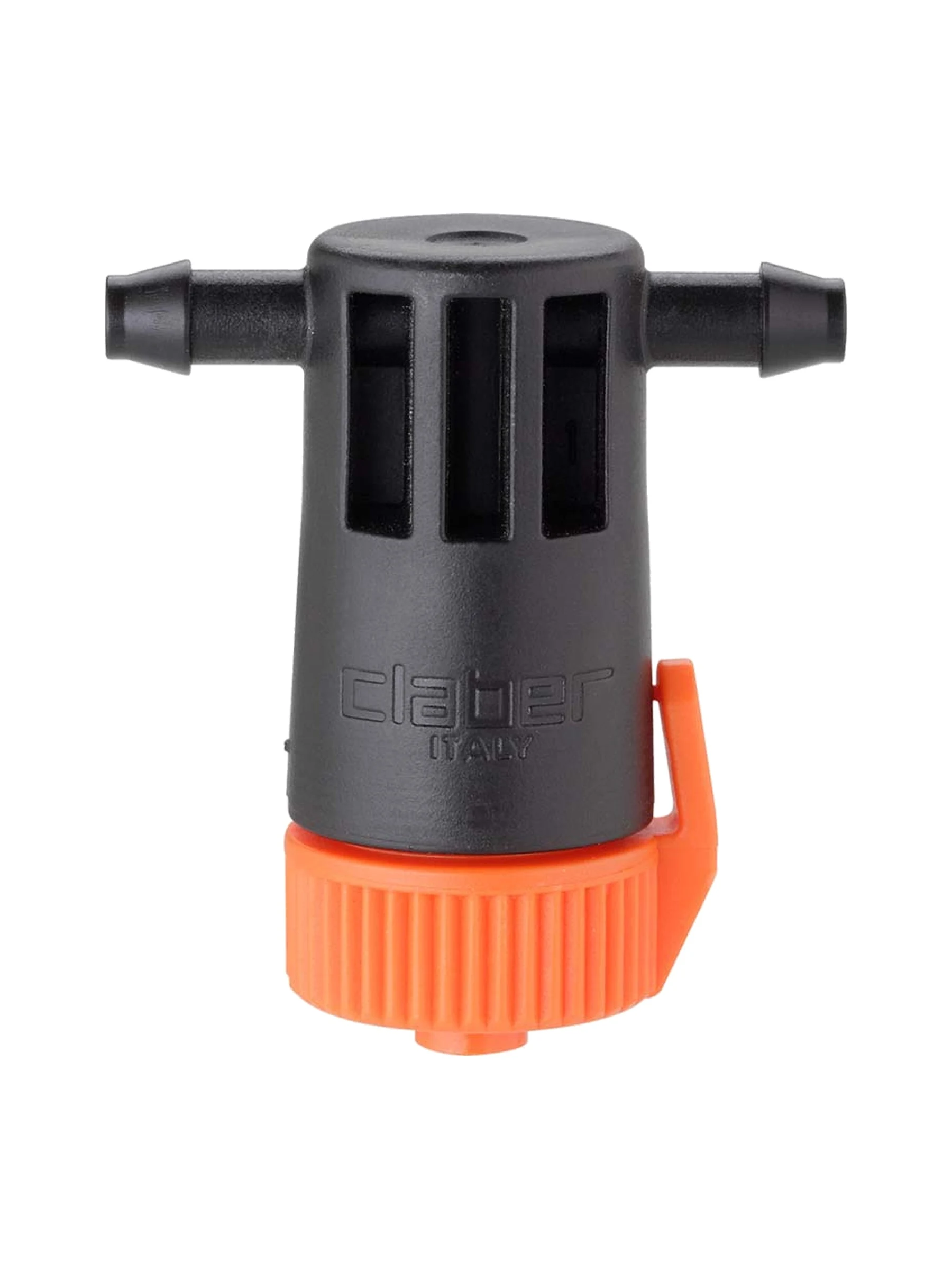 טפטפת קו מווסתת Claber 91218 Plus בשחור וכתום עם שתי כניסות וטבעת ויסות, עד 10 ליטר לשעה - משתלות הדר נוי