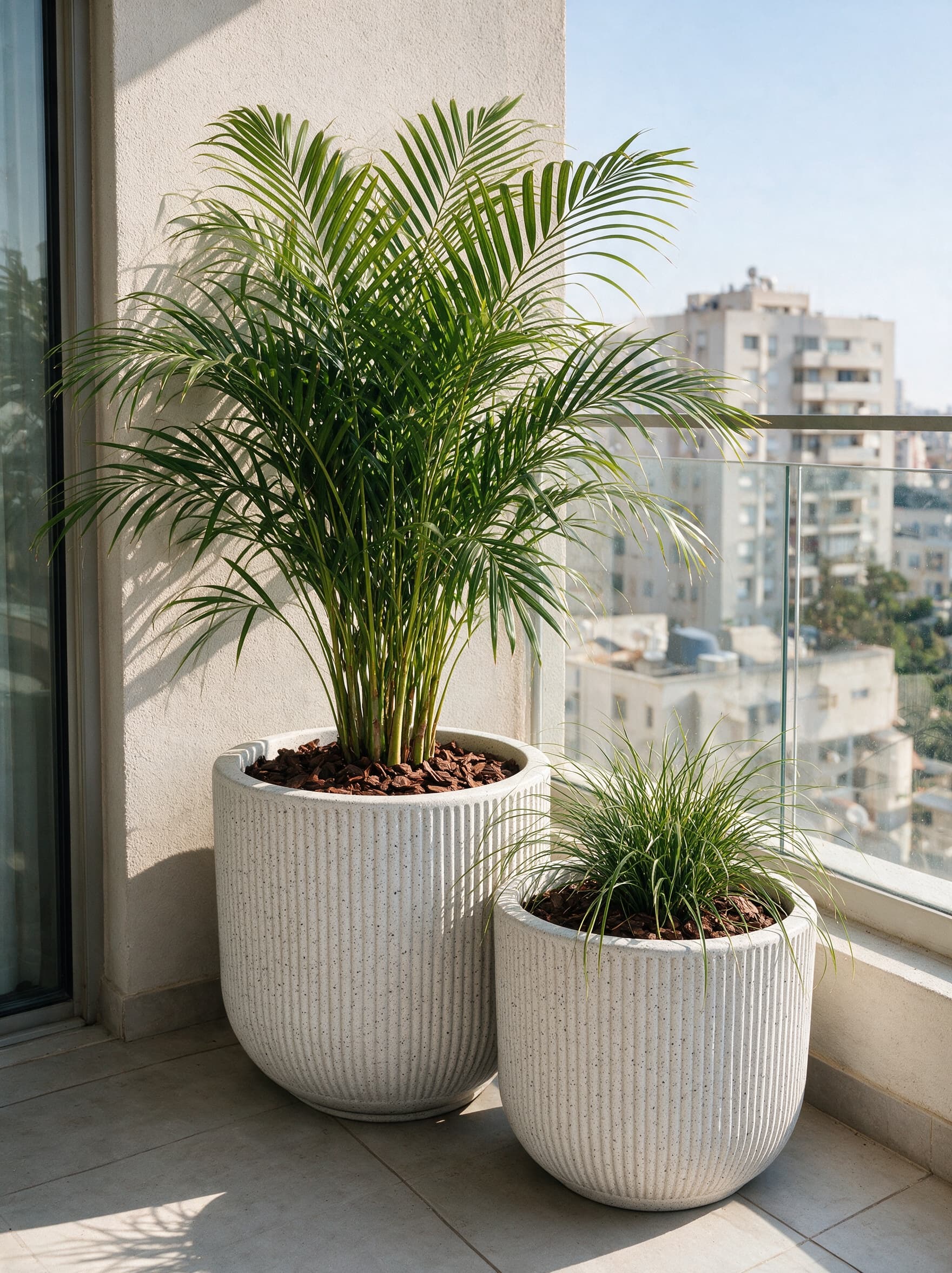 זוג כדי VasArt פסים בלבן מנוקד עם דקל אריקה ועשבוני ירוק, בפינת מרפסת בתל אביב מול נוף העיר