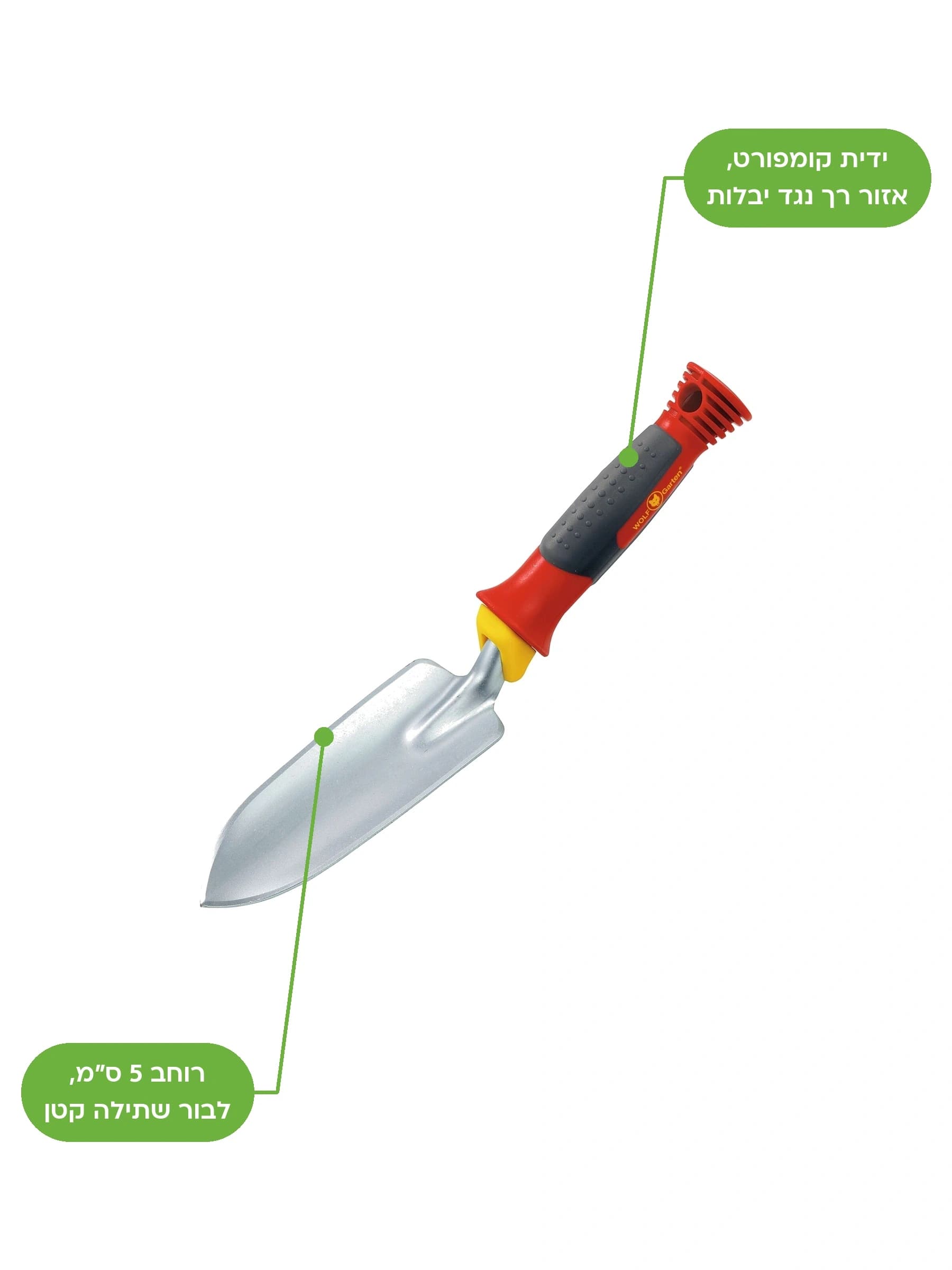 כף שתילה צרה Wolf-Garten LU-2P ברוחב 5 סנטימטר עם ידית קומפורט אדומה ואפורה - משתלות הדר נוי