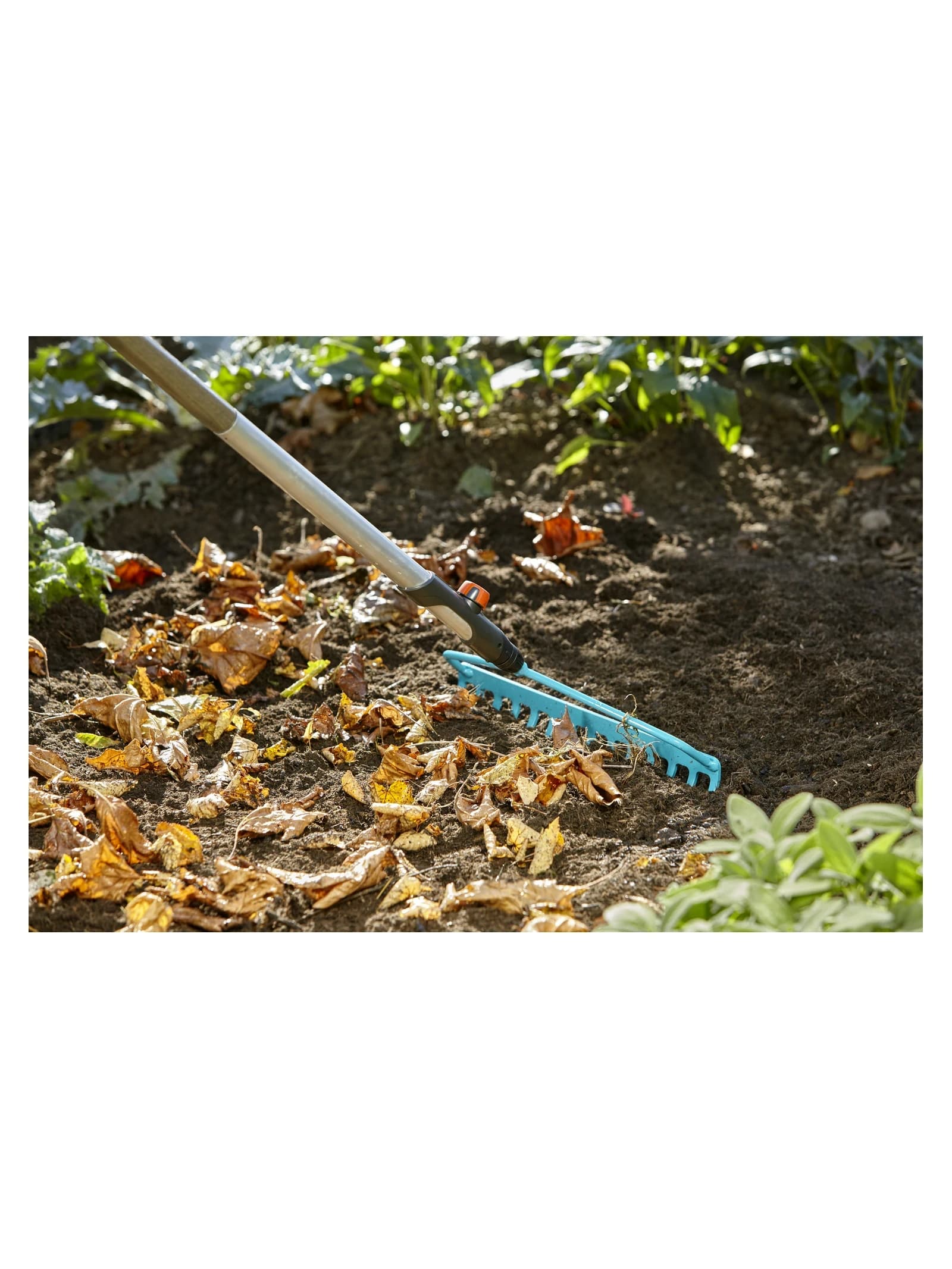 יישור וגירוף אדמה ועלים עם המגרפה המחוזקת של GARDENA