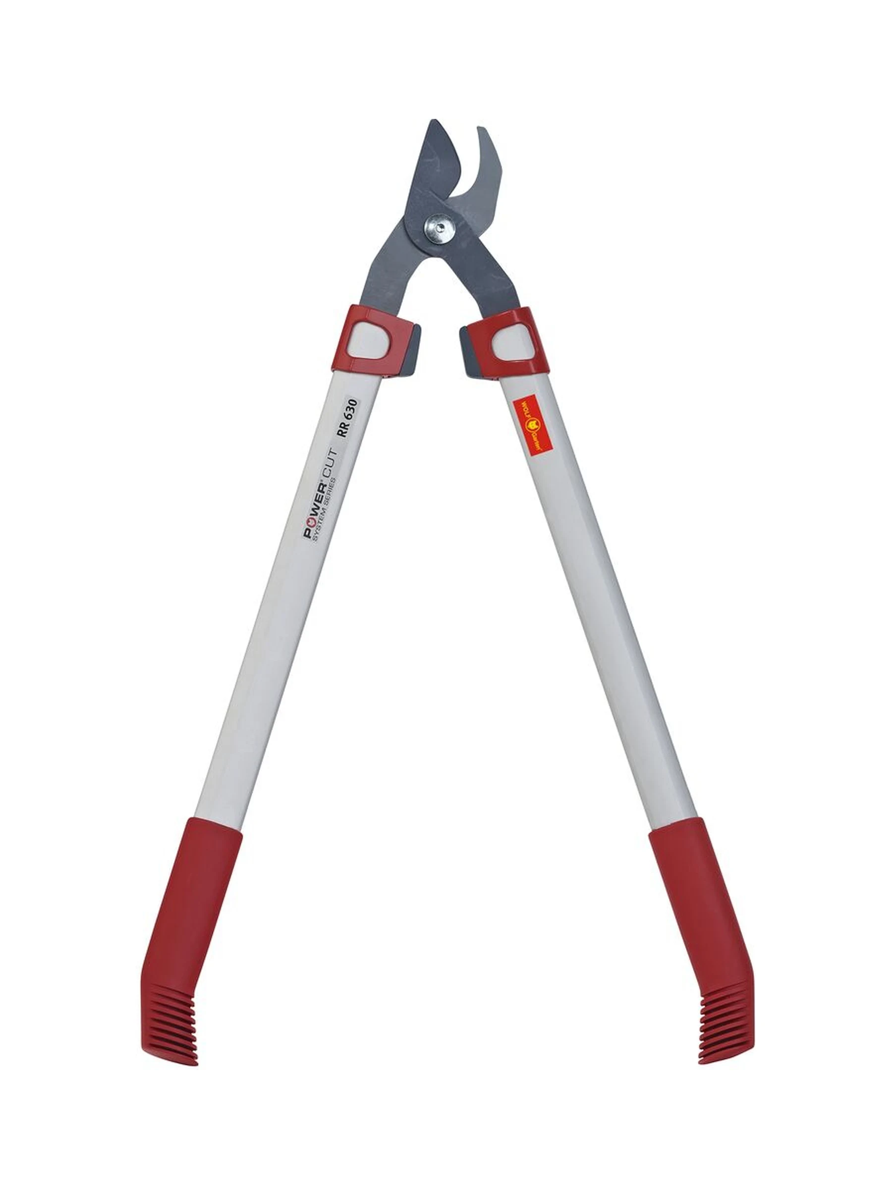 מזמרת ענפים Wolf-Garten RR 630 עם שני להבים חופפים, ידיות אדומות ואפורות, על רקע לבן - משתלות הדר נוי