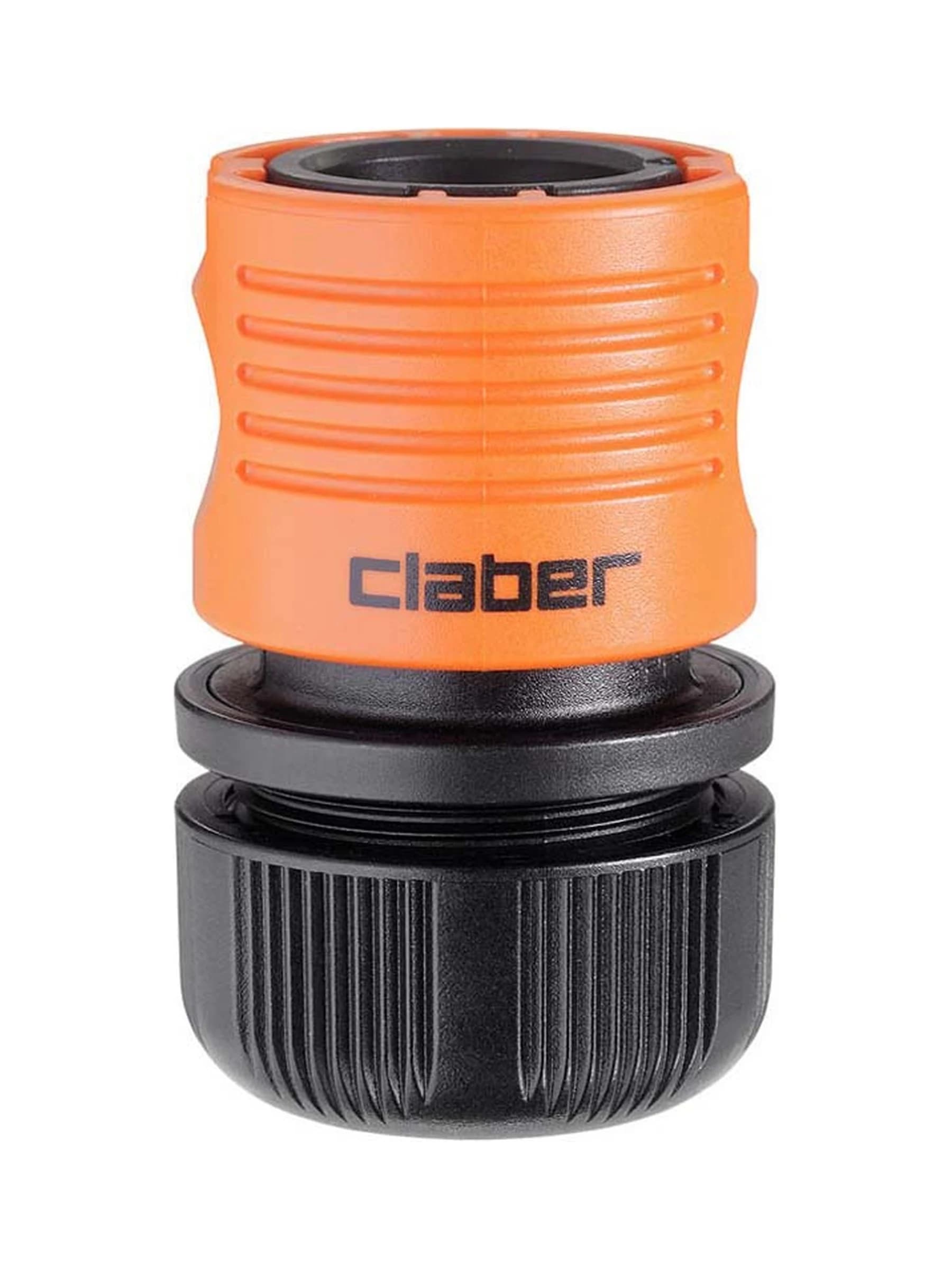 מחבר מהיר אוטומטי Claber 8569 בכתום ושחור לצינור בקוטר 5/8 צול, על רקע לבן - משתלות הדר נוי