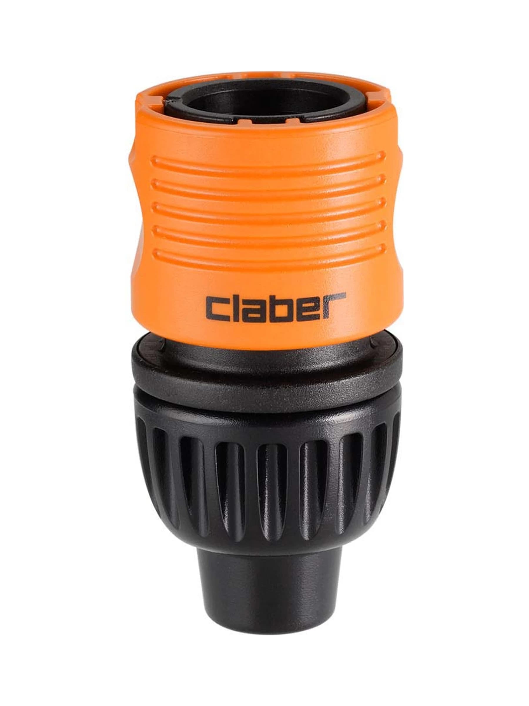 מחבר מהיר אוטומטי Claber 9025 בכתום ושחור לצינור בקוטר 9 עד 13 מילימטר, על רקע לבן - משתלות הדר נוי