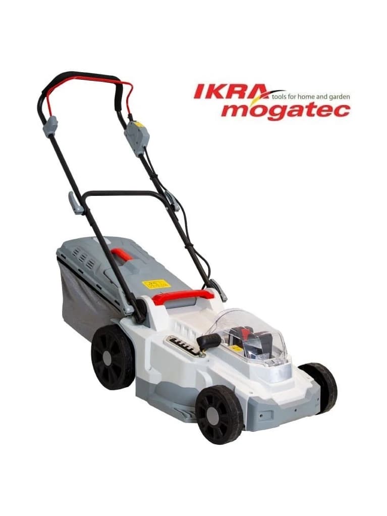 מכסחת דשא נטענת 37 ס״מ 40 וולט, IKRA ICM 2/2037: המכסחת במבט אלכסוני, עם הידית וסל האיסוף