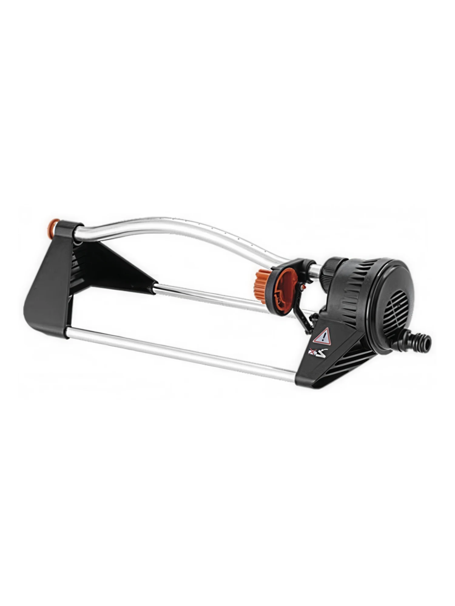 ממטרה מלבנית Claber 8740 עם זרוע מתנדנדת מחוררת וגלגל כוונון כתום, על בסיס רחב, על רקע לבן - משתלות הדר נוי