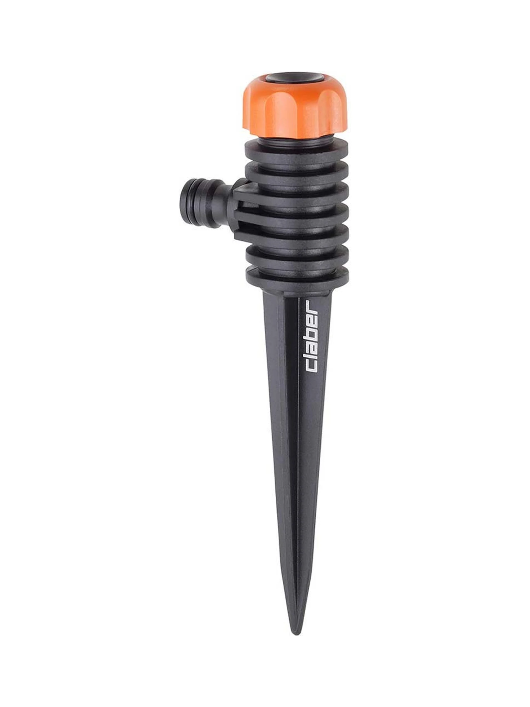 ממטרת נעיצה Claber Turbospike 8660 בשחור וכתום על יתד פלסטיק לנעיצה באדמה, על רקע לבן - משתלות הדר נוי