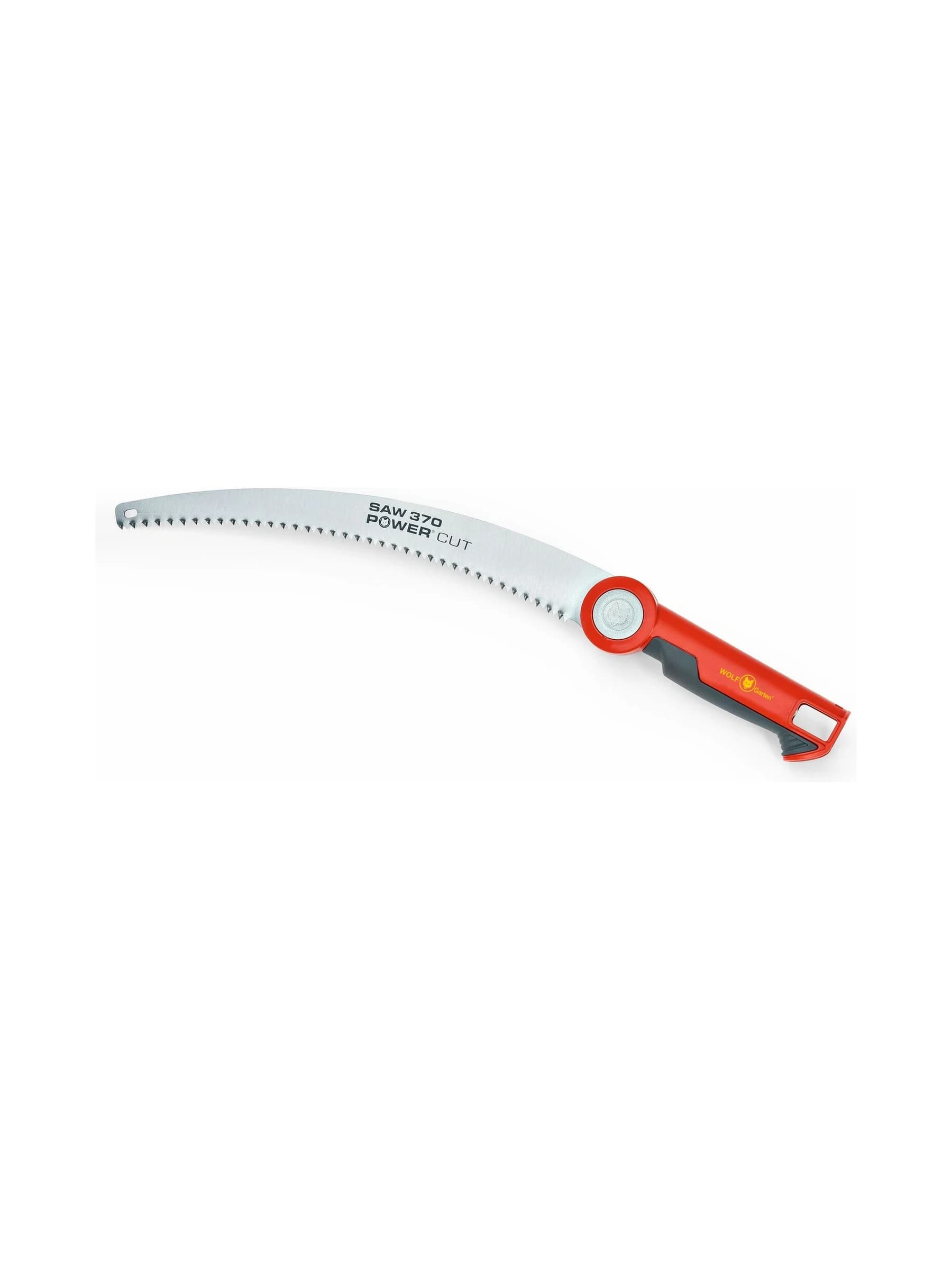 מסור גיזום גובה Wolf-Garten SAW 370 עם להב מעוקל ומתאם multi-star למוט, על רקע לבן - משתלות הדר נוי