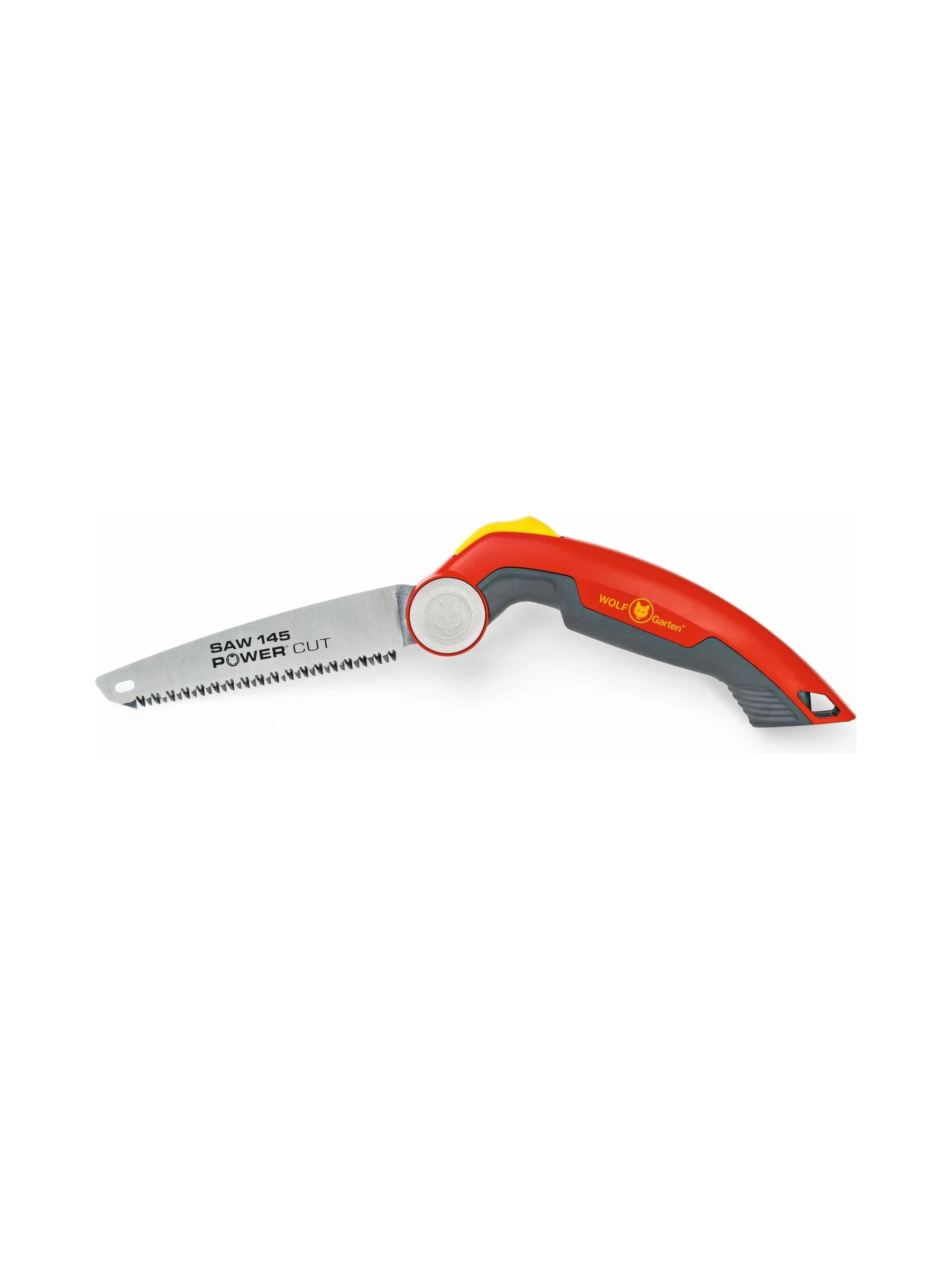 מסור גיזום מתקפל Wolf-Garten SAW 145 עם להב מקופל לתוך הידית האדומה, על רקע לבן - משתלות הדר נוי