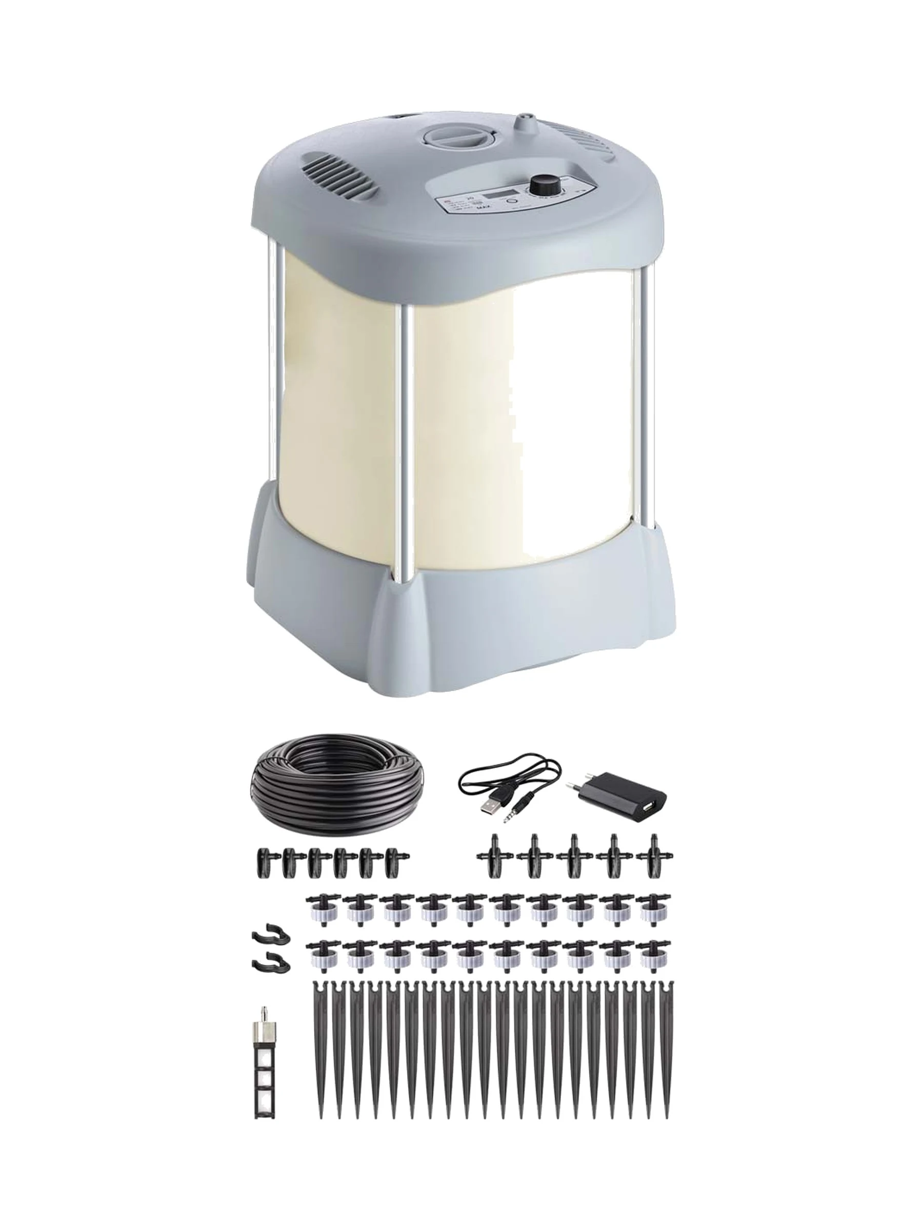 מערכת השקיה לצמחי בית Claber Aqualux 8062: מיכל 30 ליטר עם משאבה וטיימר, צינורית, טפטפות ויתדות - משתלות הדר נוי