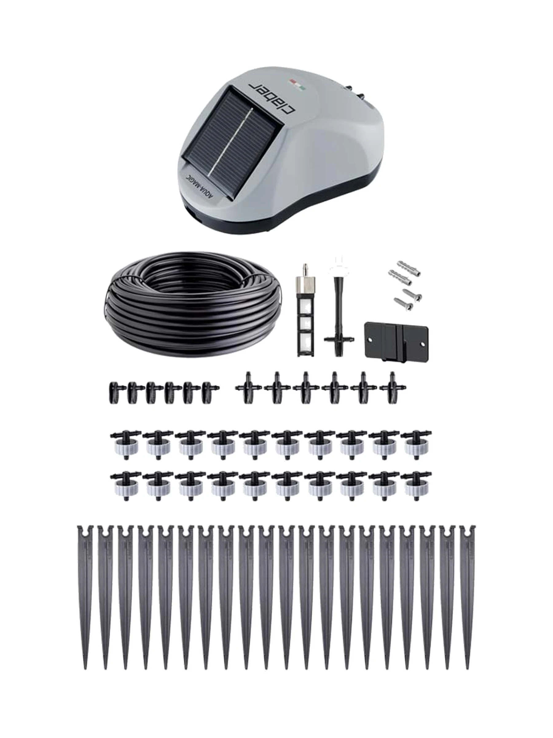 מערכת השקיה סולארית Claber Aqua-Magic 8063: יחידת בקרה עם פאנל סולארי, 20 מטר צינורית, טפטפות ויתדות - משתלות הדר נוי