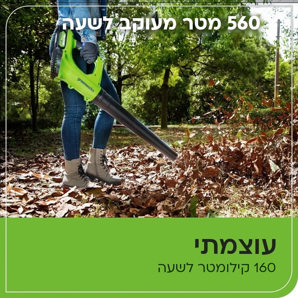 מפוח עלים 24 וולט נטען, Greenworks BA24B210: כרטיס הסבר, עוצמתי: ניפוח ערימת עלים יבשים בחורשה, 560 מטר מעוקב לשעה ו-160 קילומטר לשעה