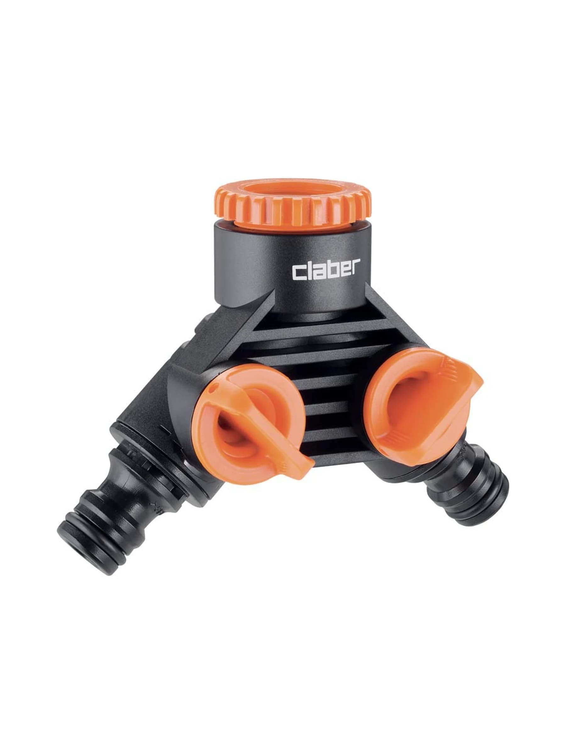 מפצל ברז כפול Claber 8599 בשחור וכתום עם שני ברזוני ויסות נפרדים ויציאות Quick-Click - משתלות הדר נוי