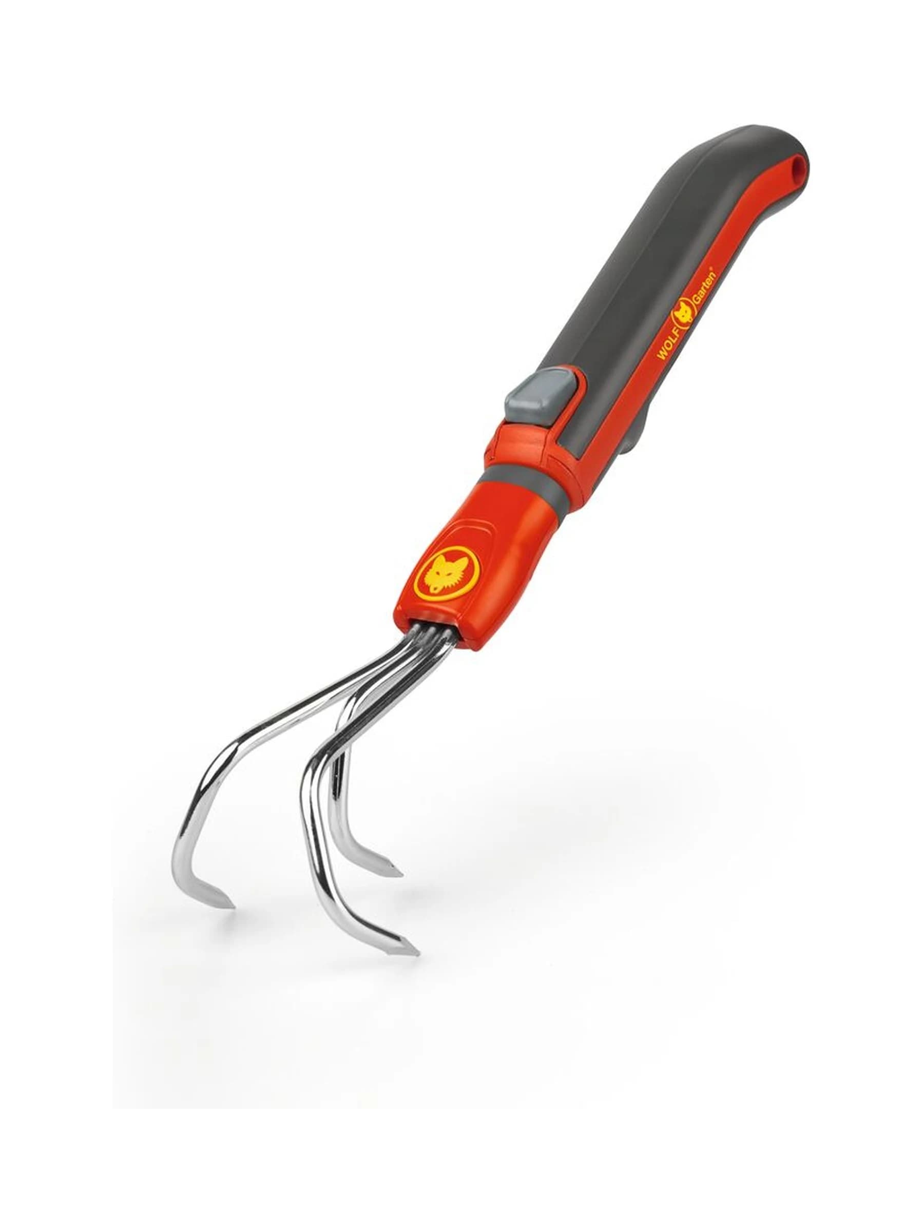 מקלטר מיני Wolf-Garten LA-M עם שלוש שיניים וידית ZM 015 באורך 15 סנטימטר, על רקע לבן - משתלות הדר נוי