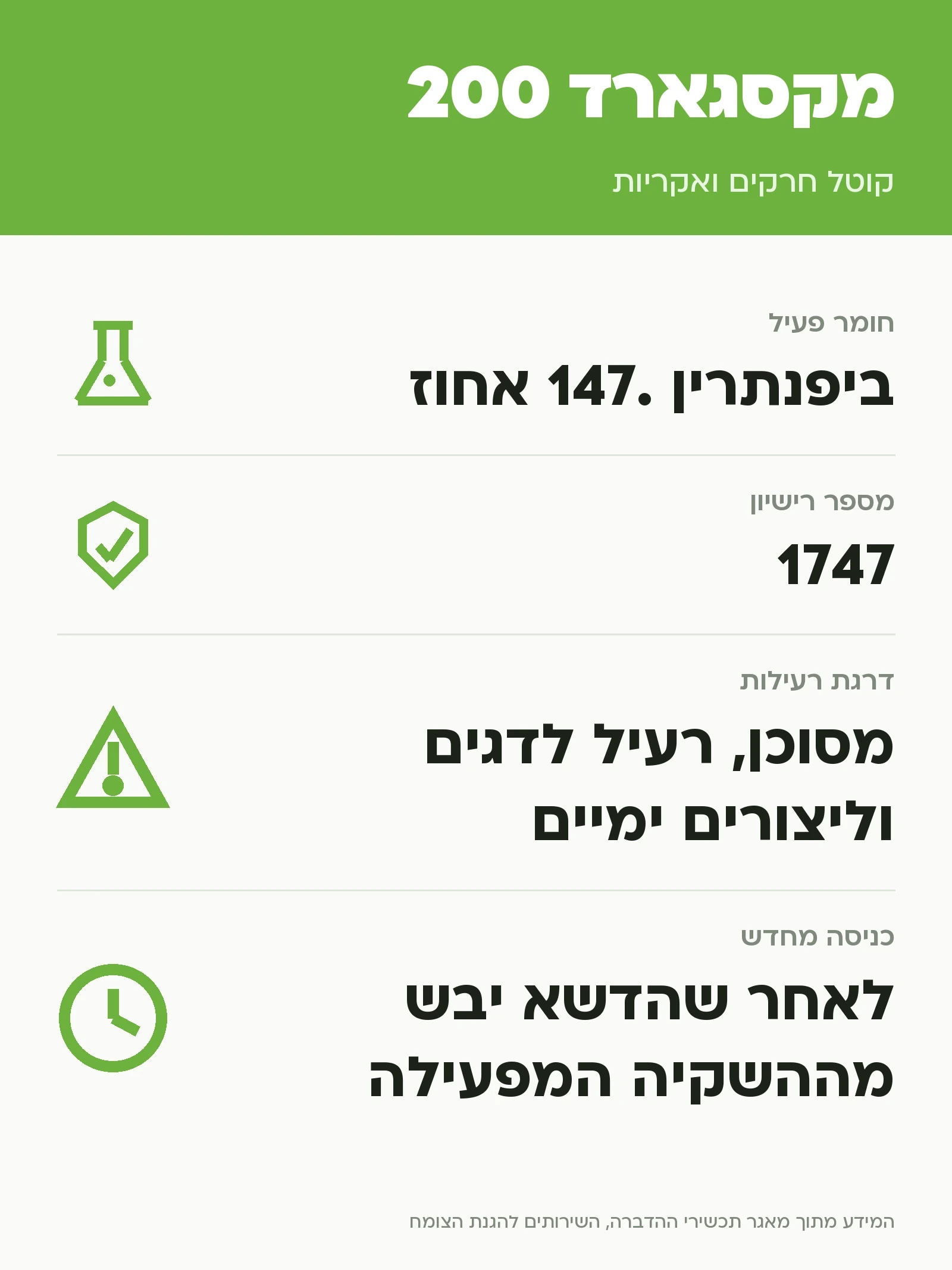 מקסגארד 200: קוטל חרקים ואקריות, נתוני התווית הרשמית