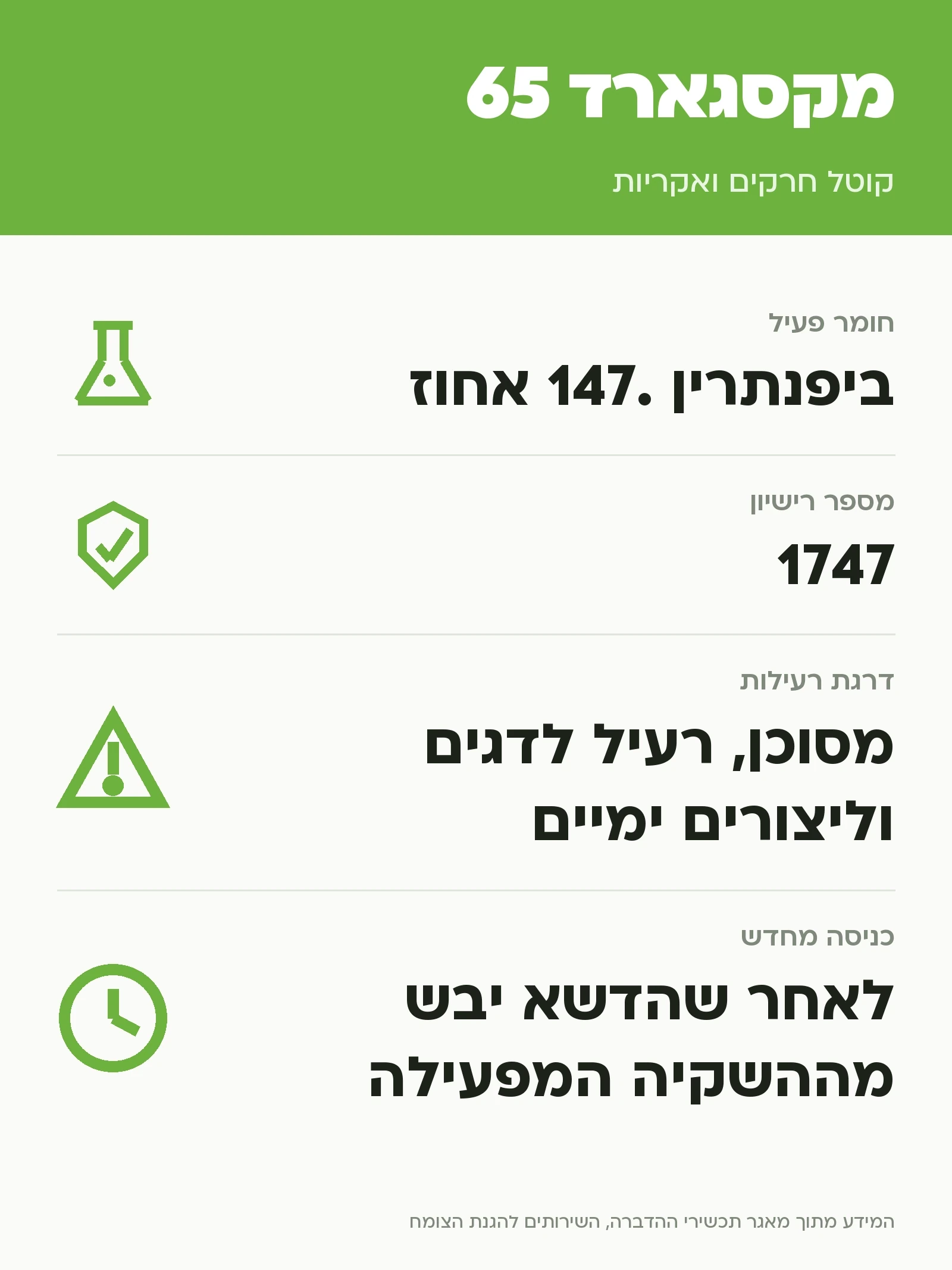 מקסגארד 65: קוטל חרקים ואקריות, נתוני התווית הרשמית