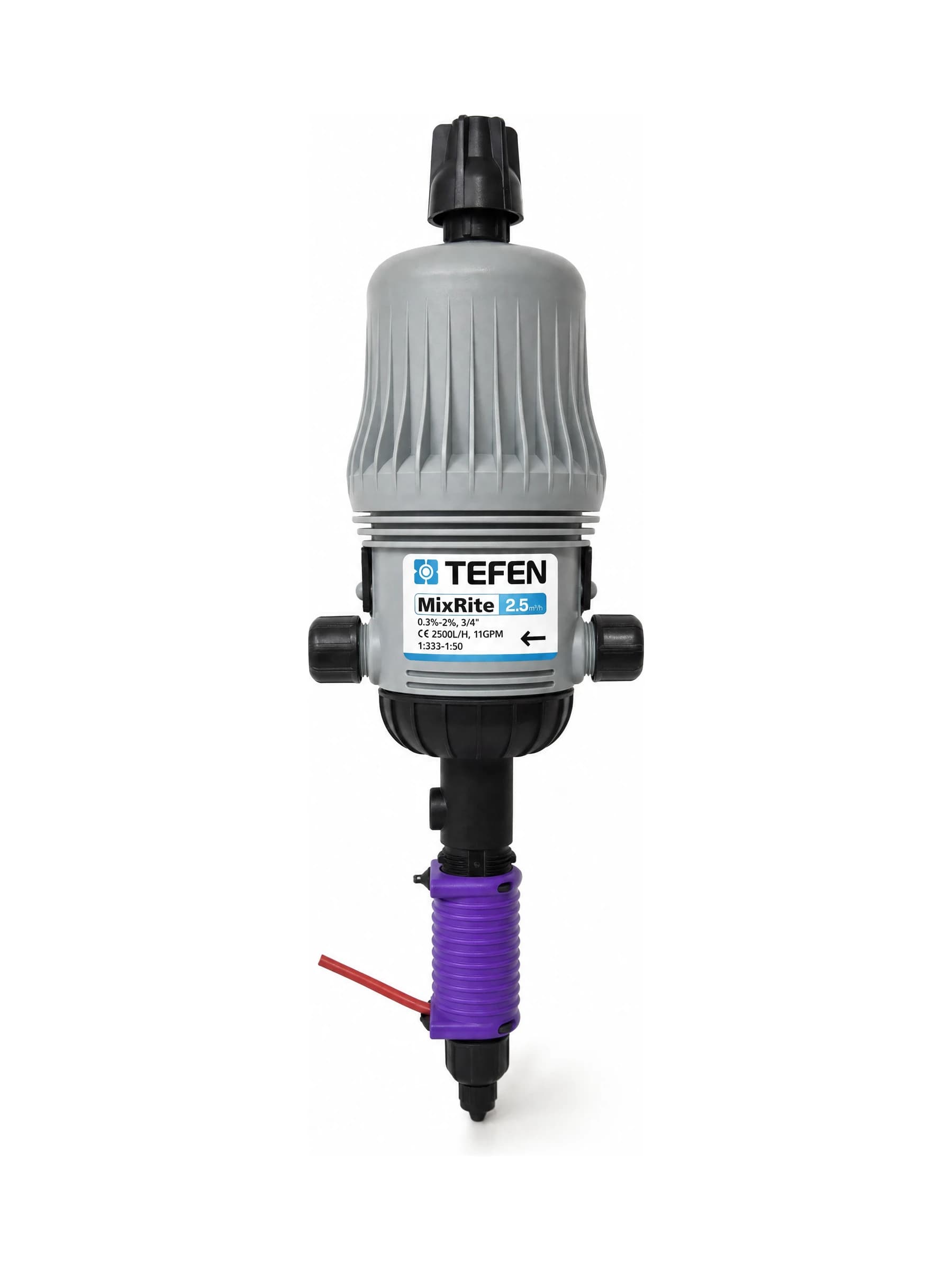 משאבת דשן TEFEN MixRite 2.5 מתכווננת, חוגת כוונון שחורה למעלה ושרוול מינון סגול, מינון 0.3 עד 2 אחוז | הדר נוי משתלות