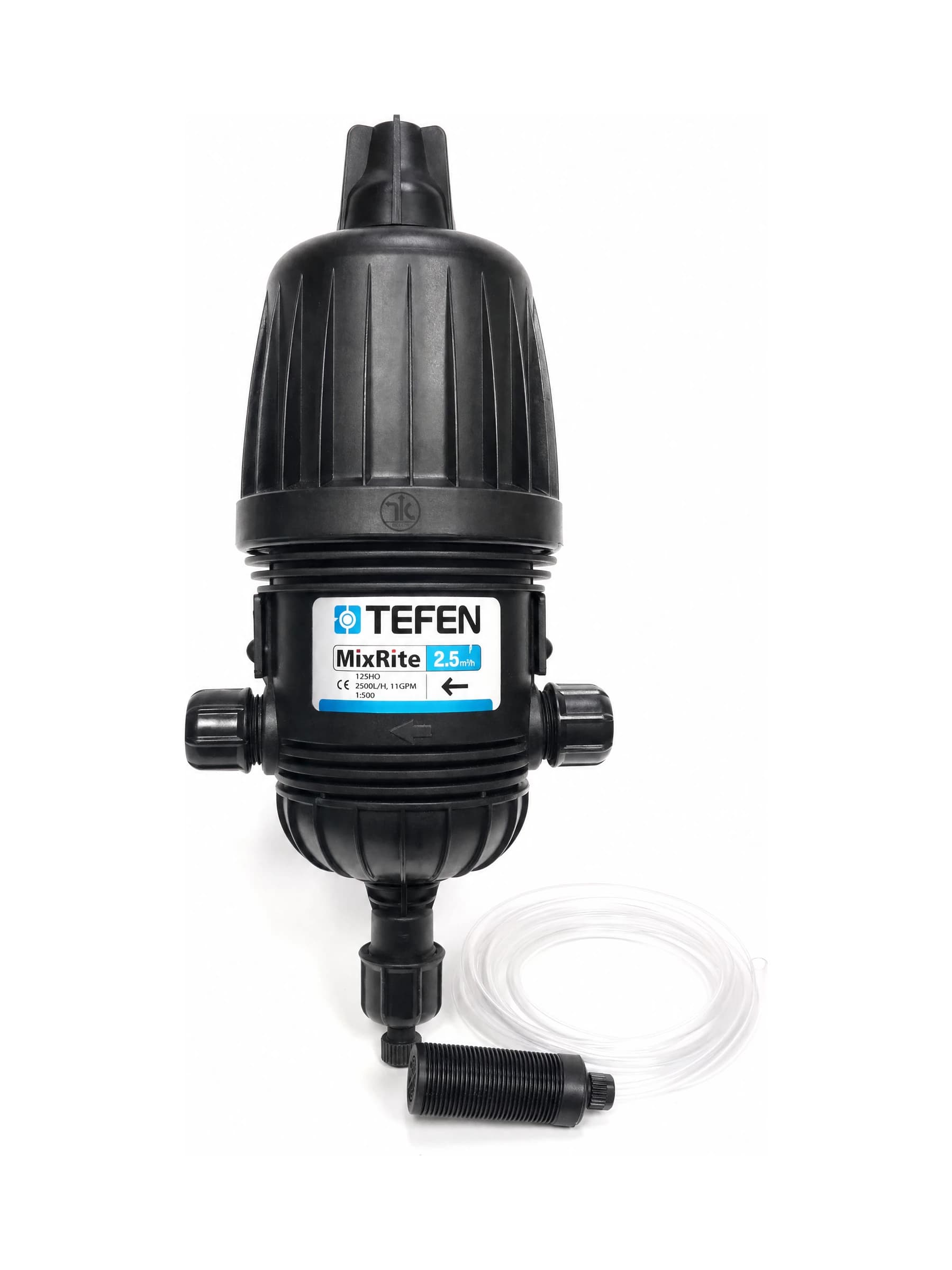 משאבת דשן TEFEN MixRite 2.5 עם צינור יניקה ומשקולת, מינון קבוע 0.2 אחוז, מותקנת על קו המים בלי חשמל | הדר נוי משתלות