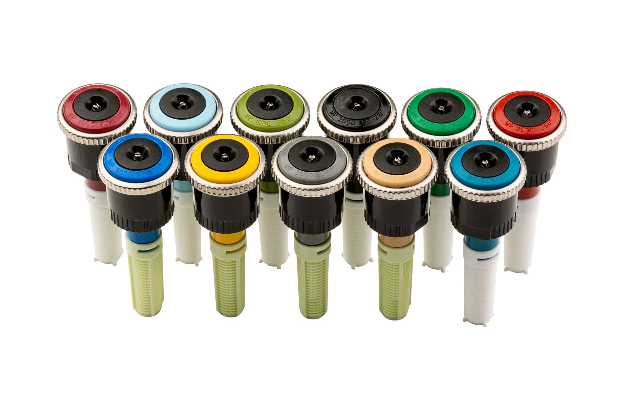שורת פיות MP Rotator של Hunter בקידוד צבעים לפי רדיוס וקשת, על רקע לבן - משתלות הדר נוי