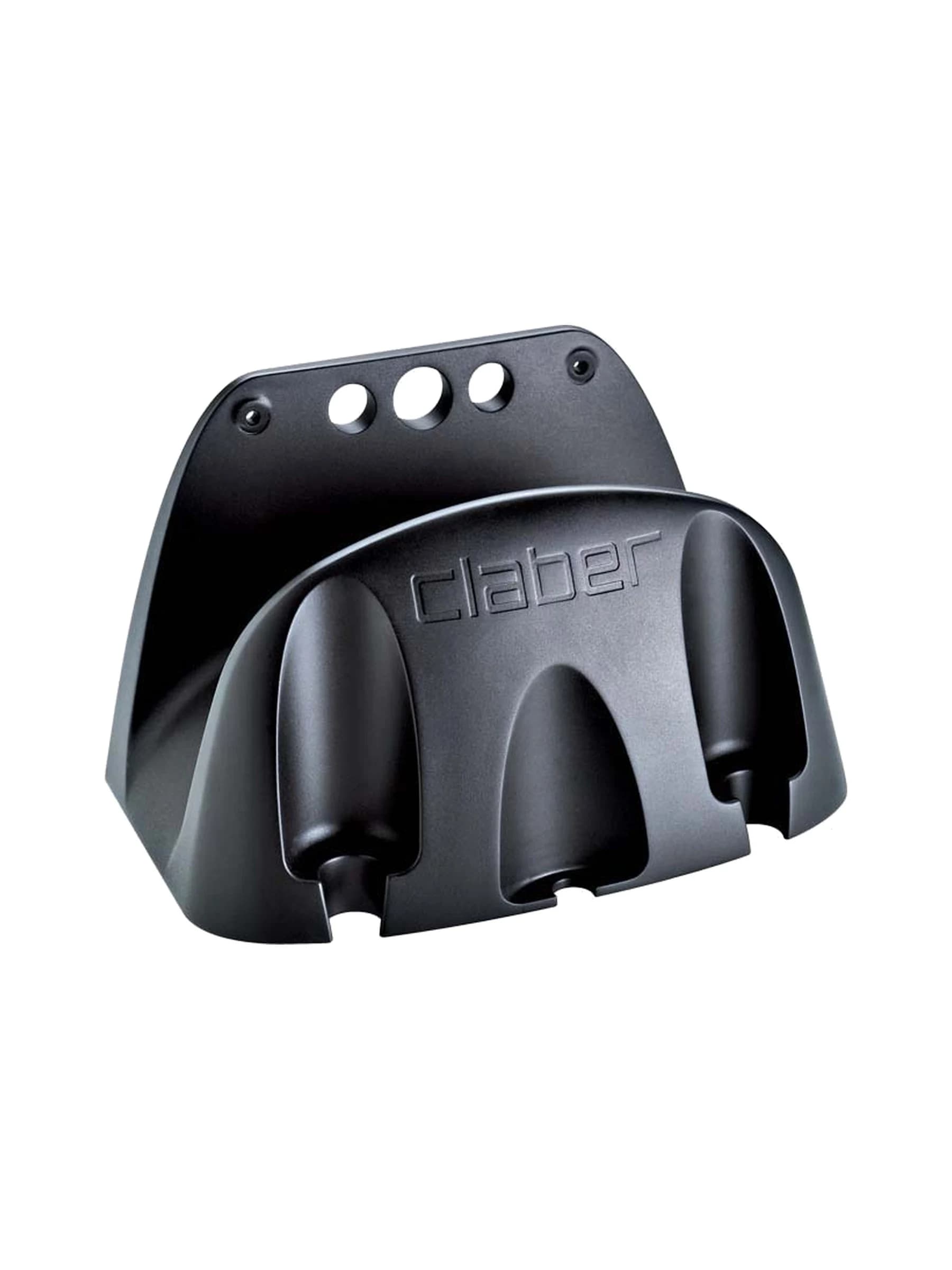 מתלה צינור לקיר Claber Eco 0 8866 בשחור עם חריצים מחוזקים ומקומות לאביזרים, על רקע לבן - משתלות הדר נוי