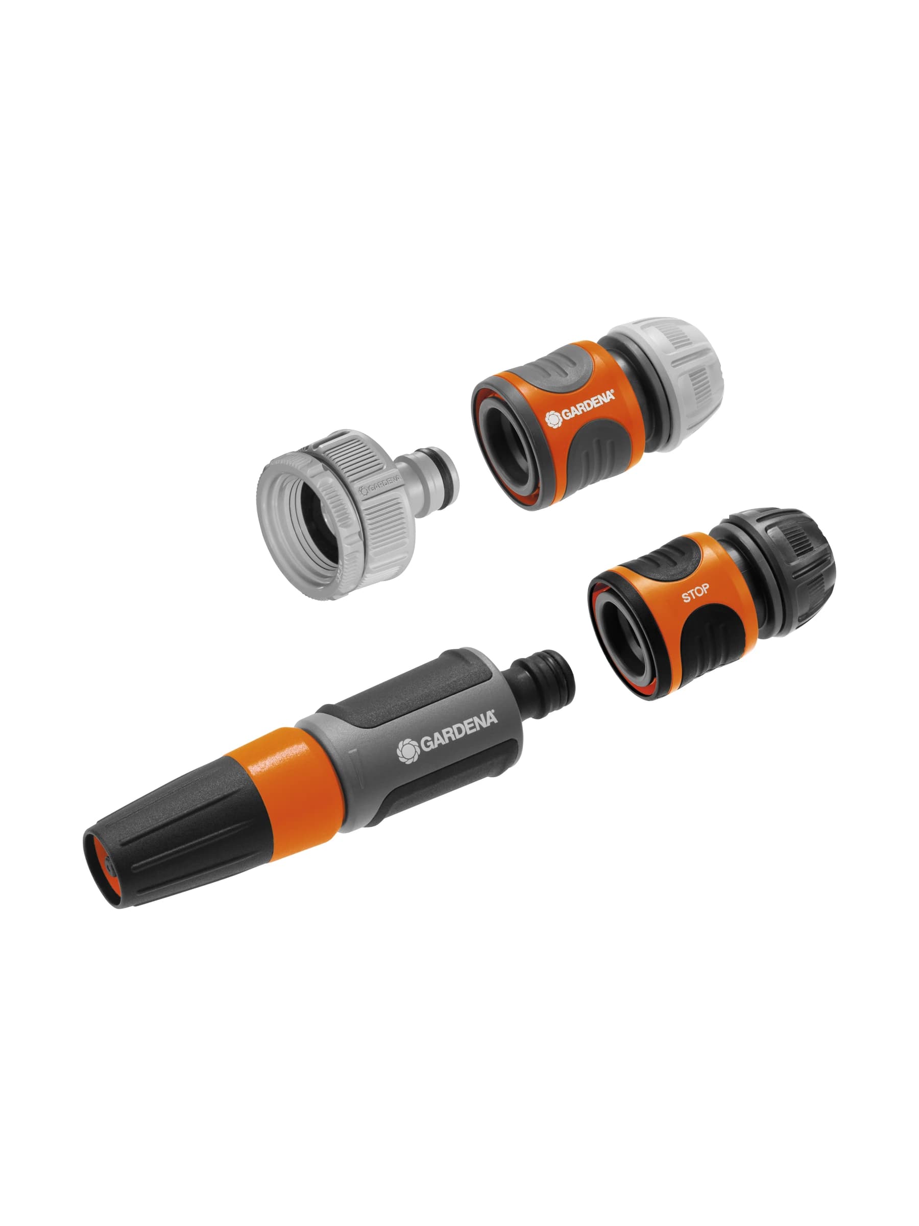 סט השקיה GARDENA BASIC דגם 18291: אקדח מים שני מצבים, מחבר לברז, מחבר צינור ומחבר Water Stop | הדר נוי משתלות