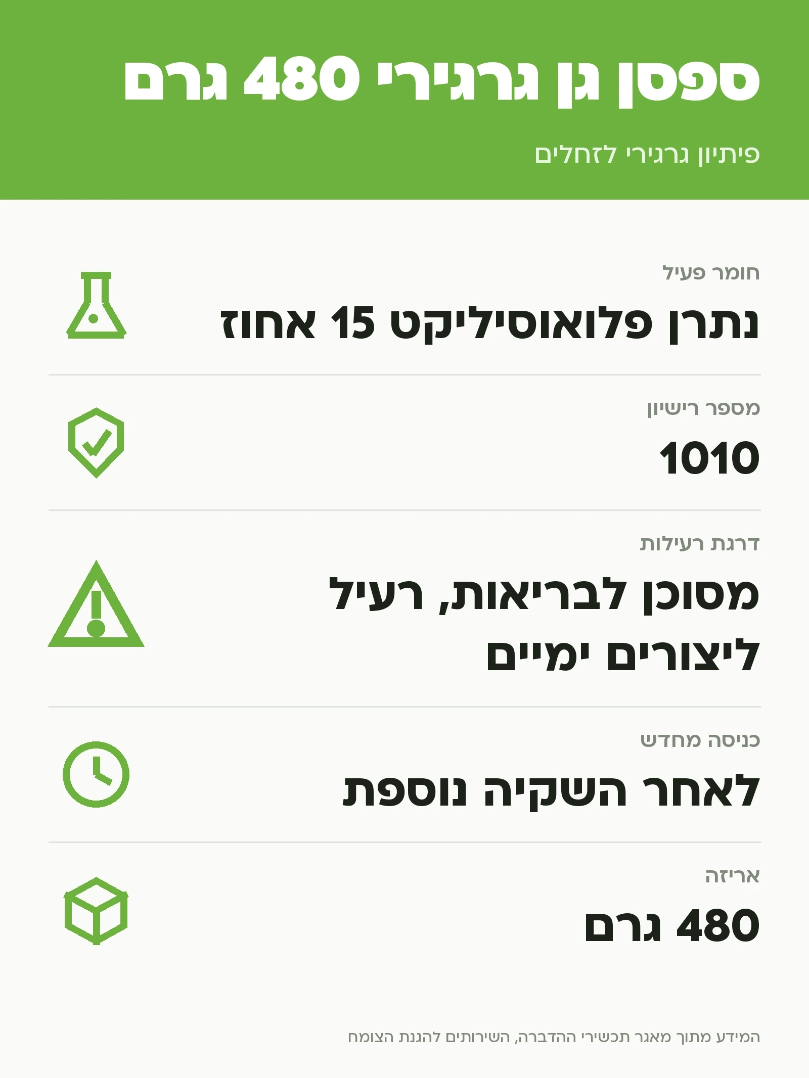 ספסן גן גרגירי 480 גרם: פיתיון גרגירי לזחלים, נתוני התווית הרשמית