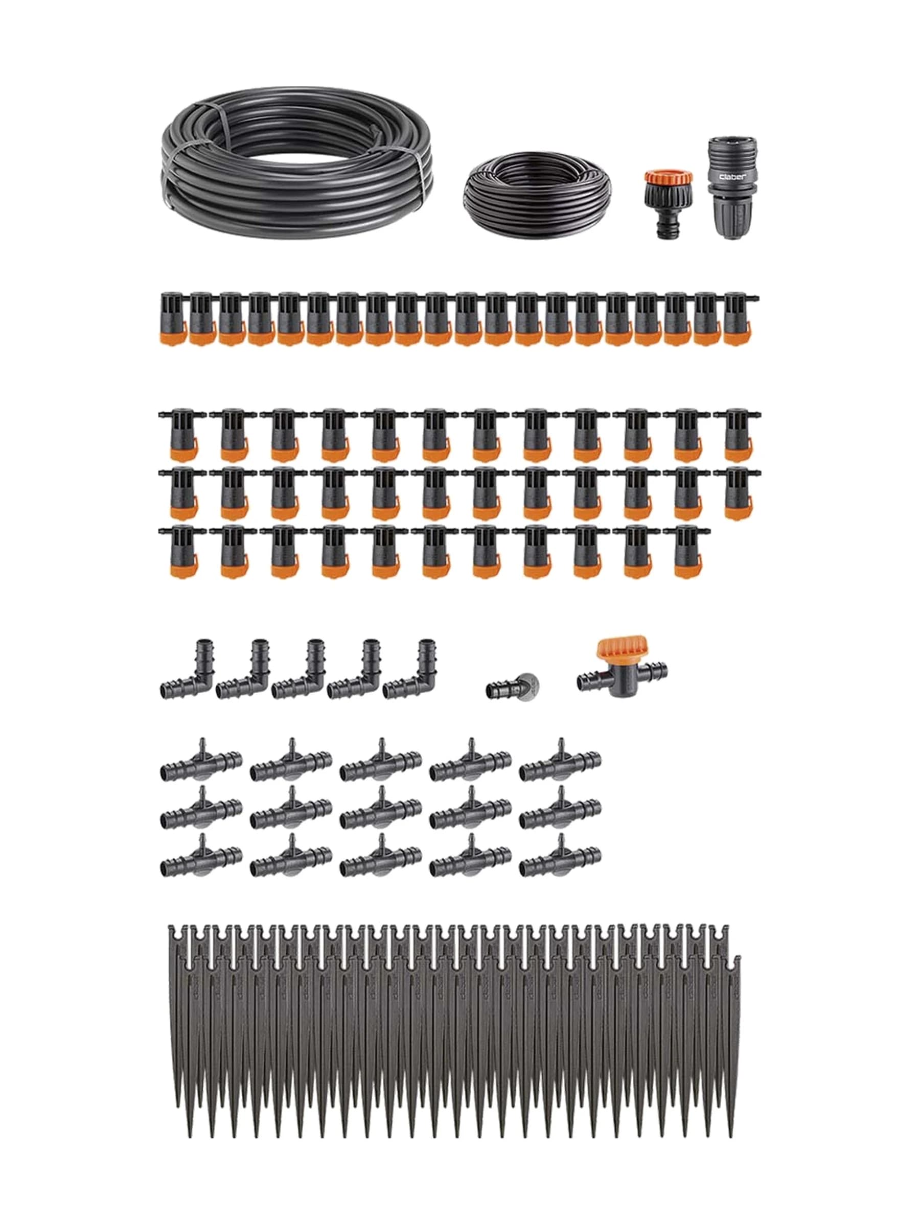 פריסת ערכת הטפטוף Terrazzo של Claber ל-50 צמחים: 25 מטר צינור ראשי, 25 מטר צינורית, טפטפות ויתדות - משתלות הדר נוי