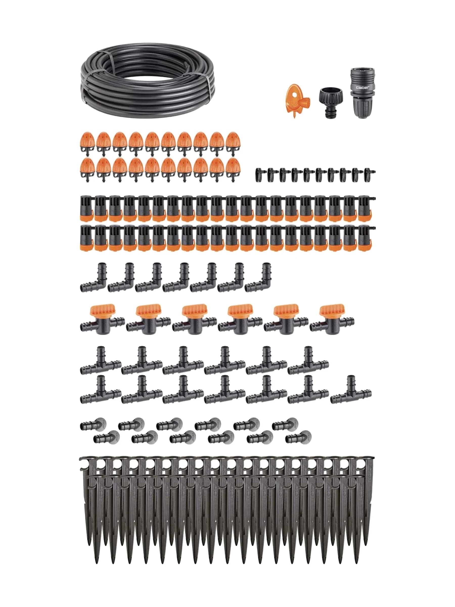 פריסת ערכת הטפטוף Orto של Claber ל-60 צמחים לגינת ירק: 25 מטר צינור ראשי, טפטפות מווסתות ויתדות - משתלות הדר נוי