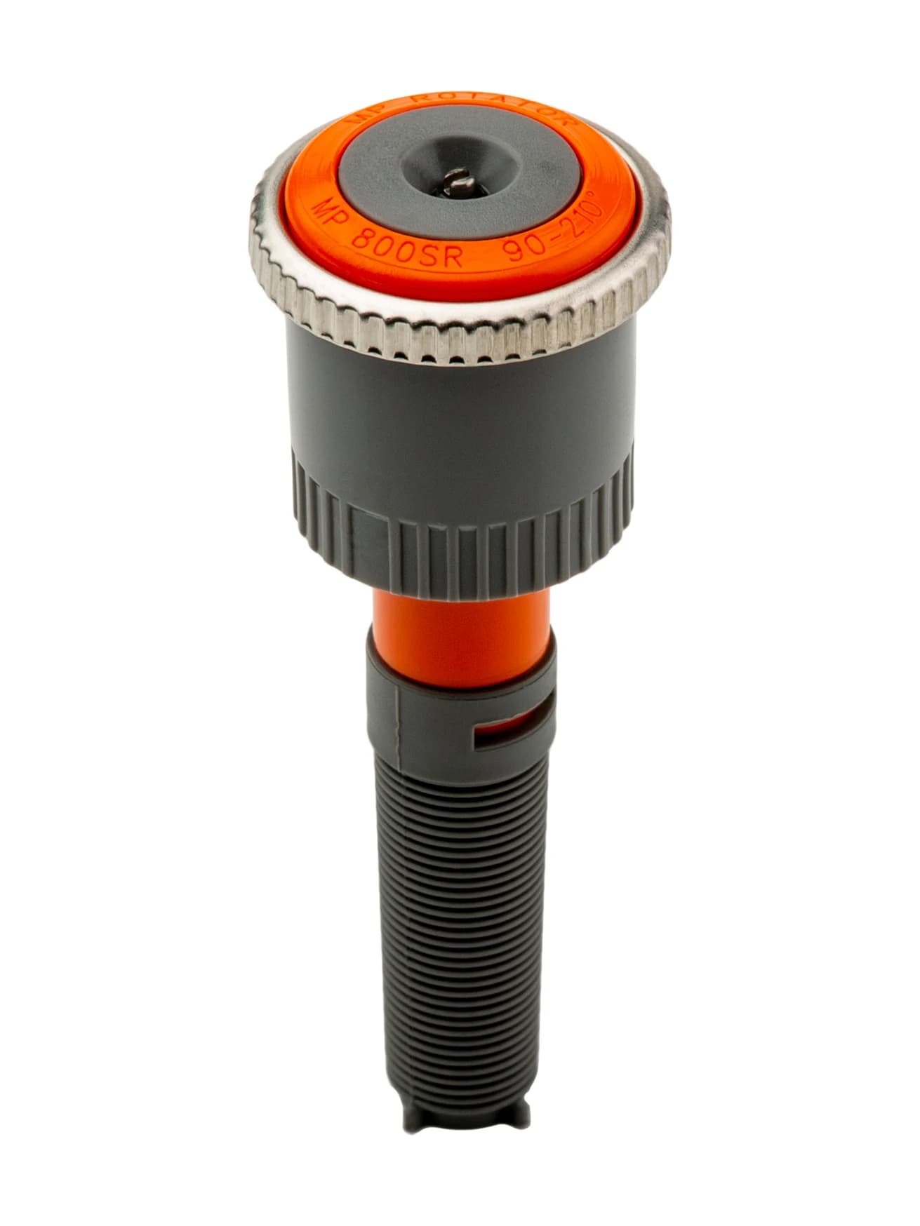 פיית MP Rotator 800-SR של Hunter עם כיפה כתומה וטבעת כוונון מחורצת, על גוף גיחה, על רקע לבן - משתלות הדר נוי