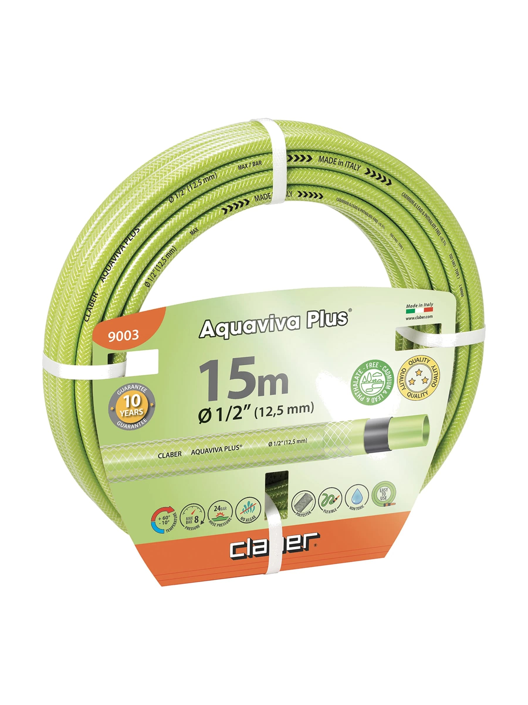 גליל צינור גינה Claber Aquaviva Plus בירוק בהיר, חצי צול באורך 15 מטר, עם רשת חיזוק - משתלות הדר נוי