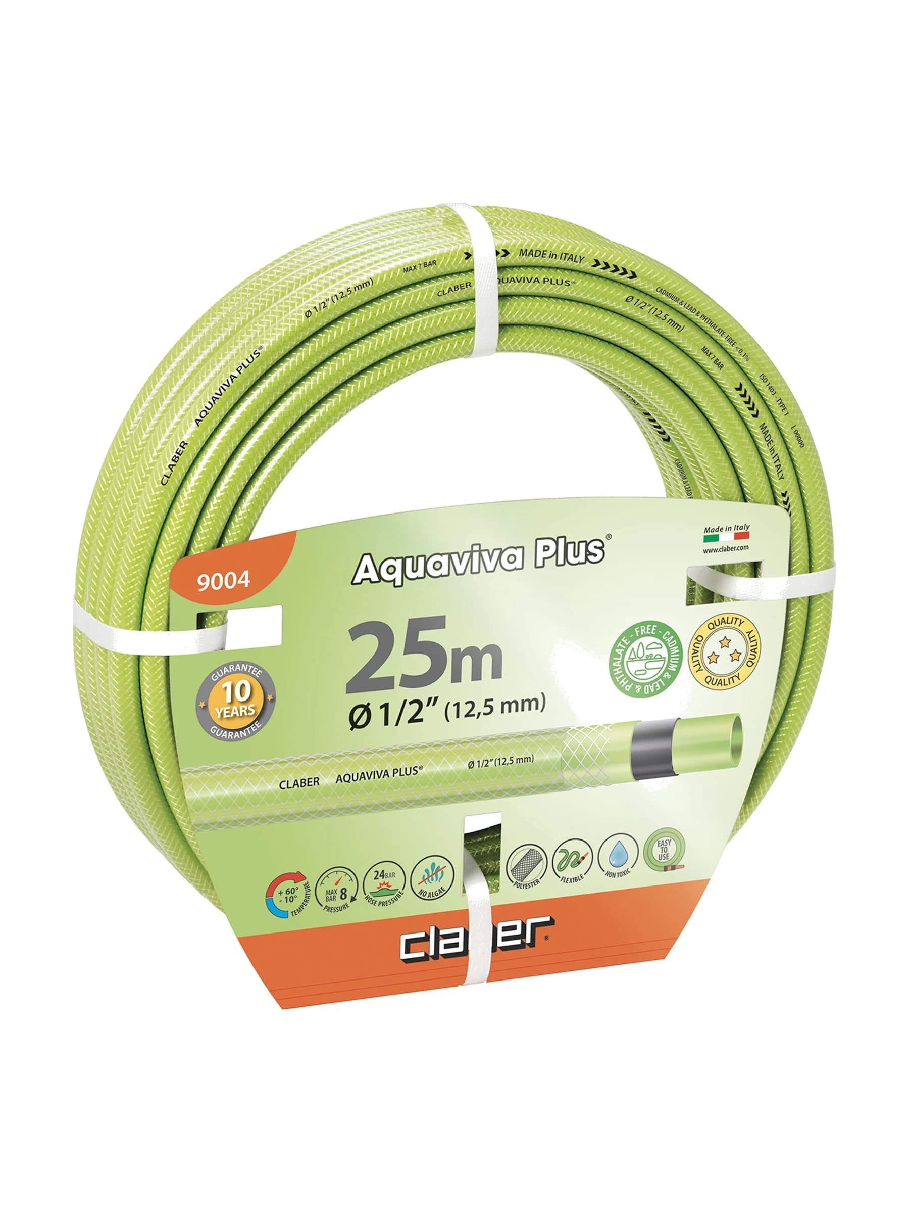גליל צינור גינה Claber Aquaviva Plus בירוק בהיר, חצי צול באורך 25 מטר, עם רשת חיזוק - משתלות הדר נוי