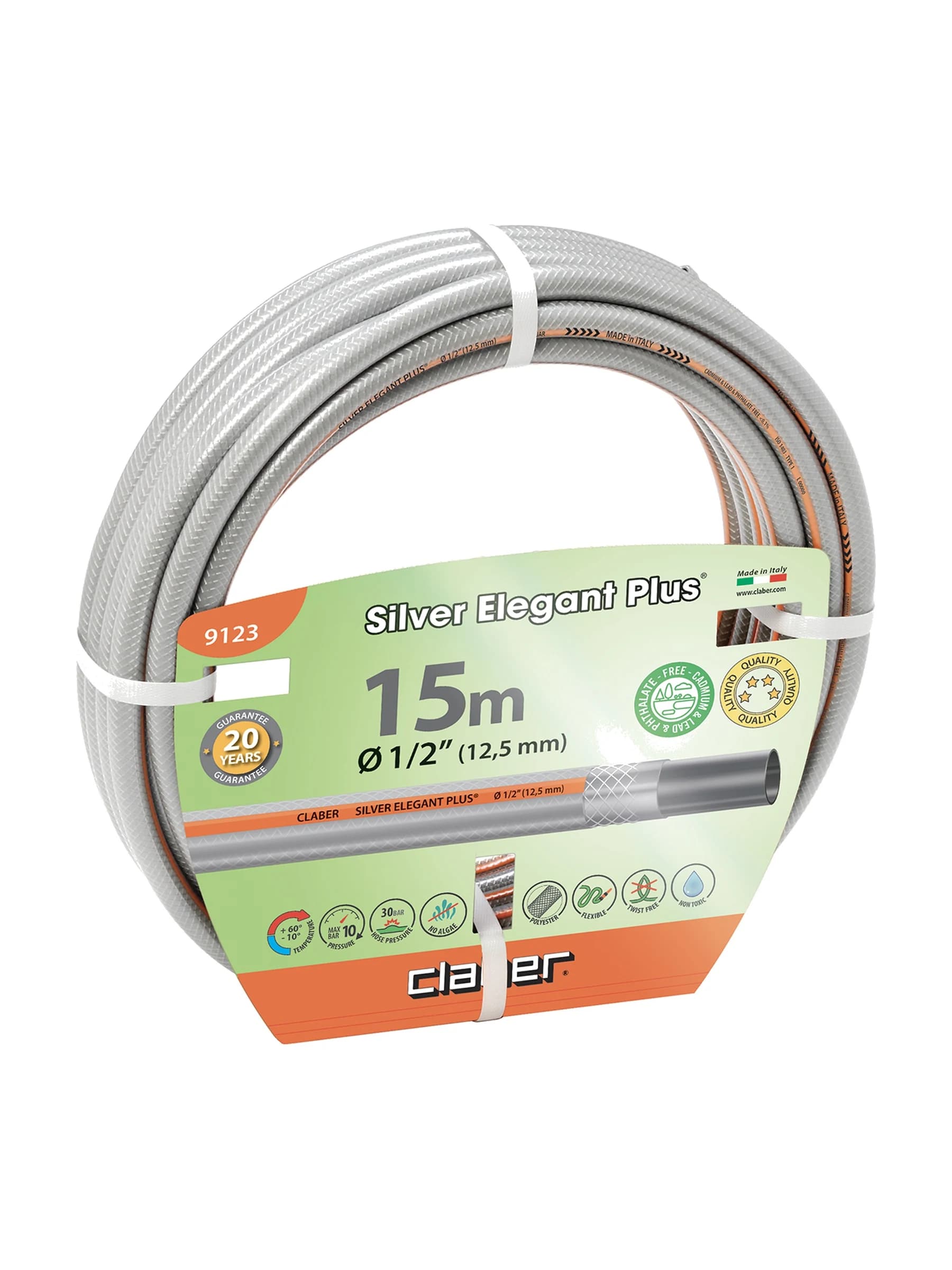גליל צינור גינה Claber Silver Elegant Plus בכסוף, חצי צול באורך 15 מטר, קל וגמיש - משתלות הדר נוי