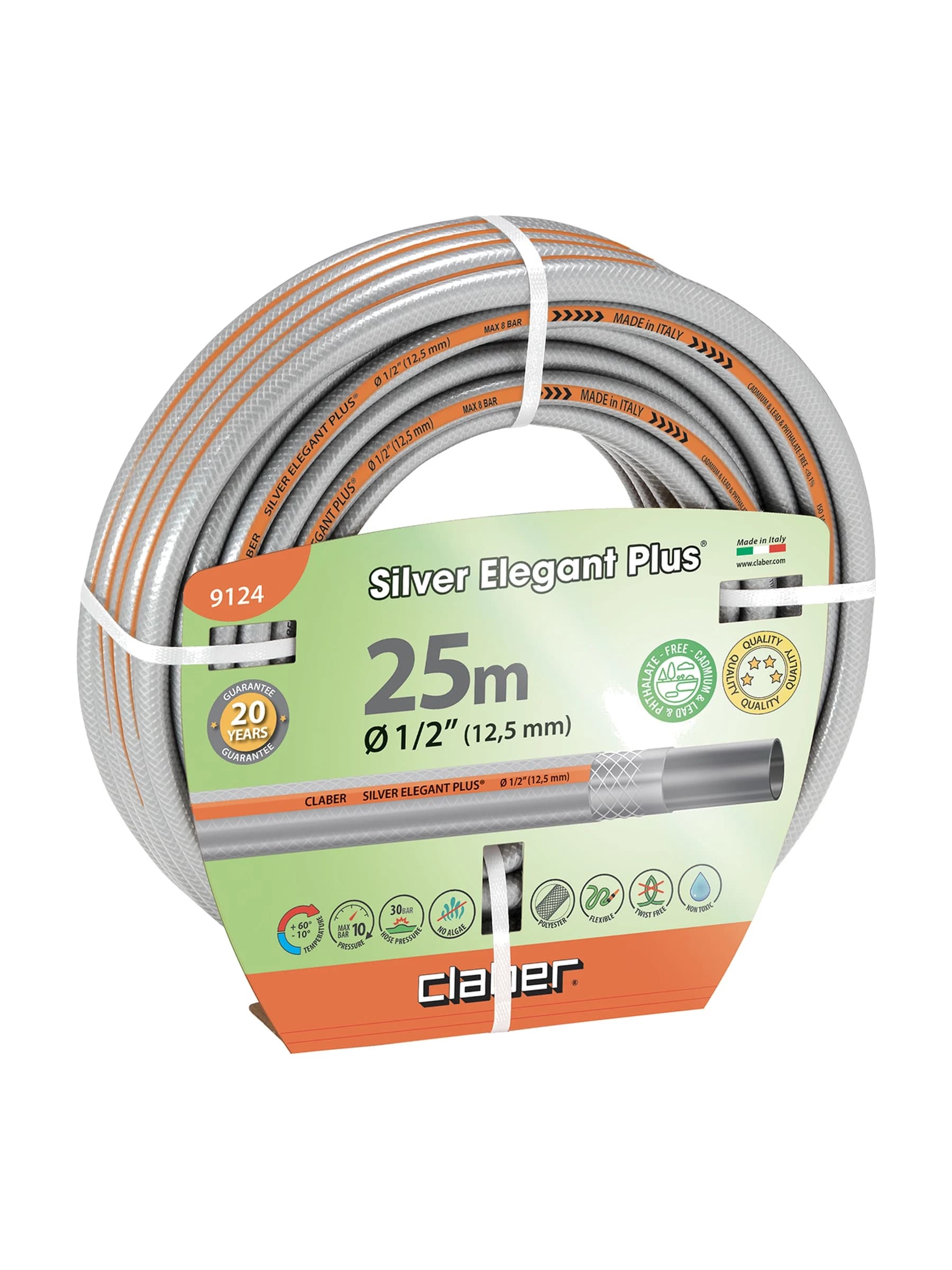 גליל צינור גינה Claber Silver Elegant Plus בכסוף, חצי צול באורך 25 מטר, קל וגמיש - משתלות הדר נוי