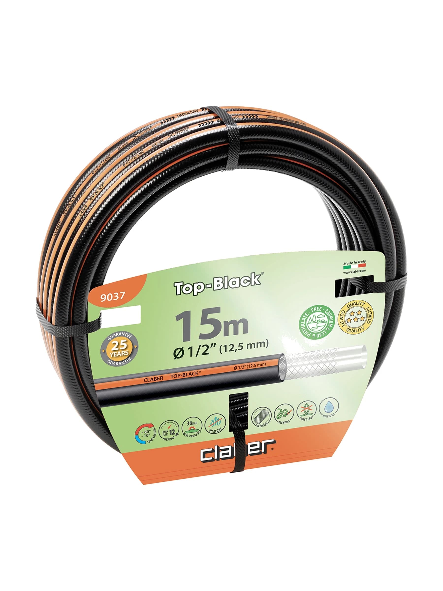 גליל צינור גינה Claber Top-Black בשחור וכתום, חצי צול באורך 15 מטר, עם צמה מחזקת - משתלות הדר נוי