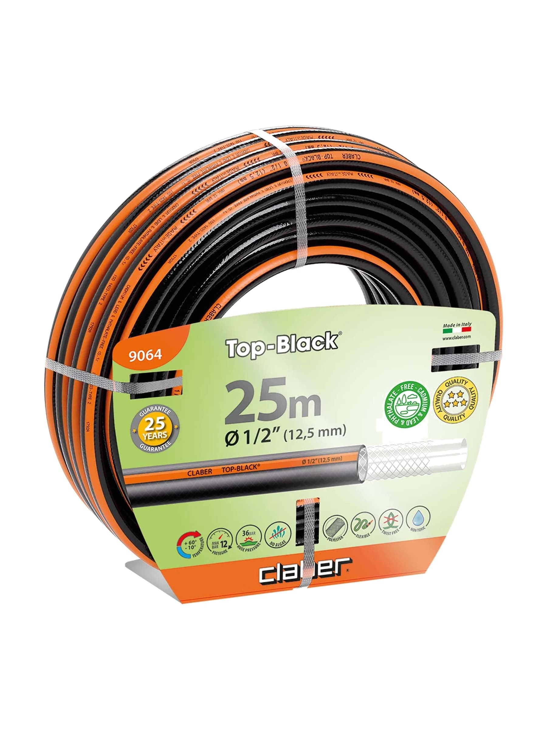גליל צינור גינה Claber Top-Black בשחור וכתום, חצי צול באורך 25 מטר, עם צמה מחזקת - משתלות הדר נוי