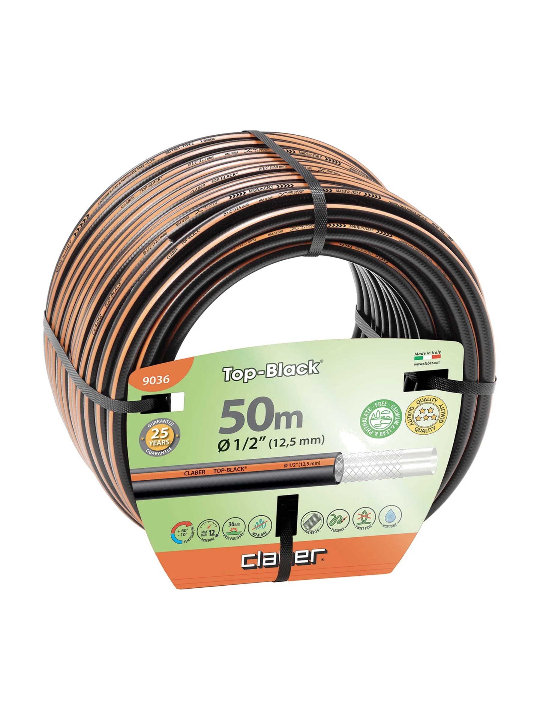 גליל צינור גינה Claber Top-Black בשחור וכתום, חצי צול באורך 50 מטר, עם צמה מחזקת - משתלות הדר נוי